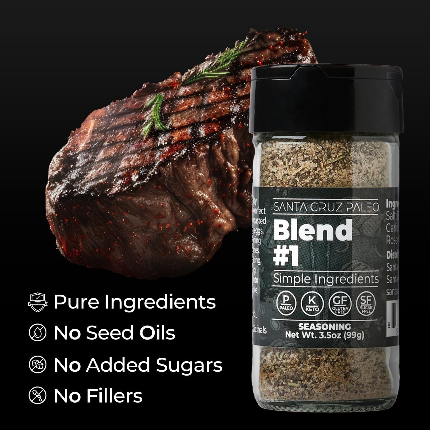 Santa Cruz Paleo Seasoning (Blend #1), Gluten Free, Keto, Sugar Free, And Paleo, Garlic, Sea Salt, Rosemary, And Black Pepper, A