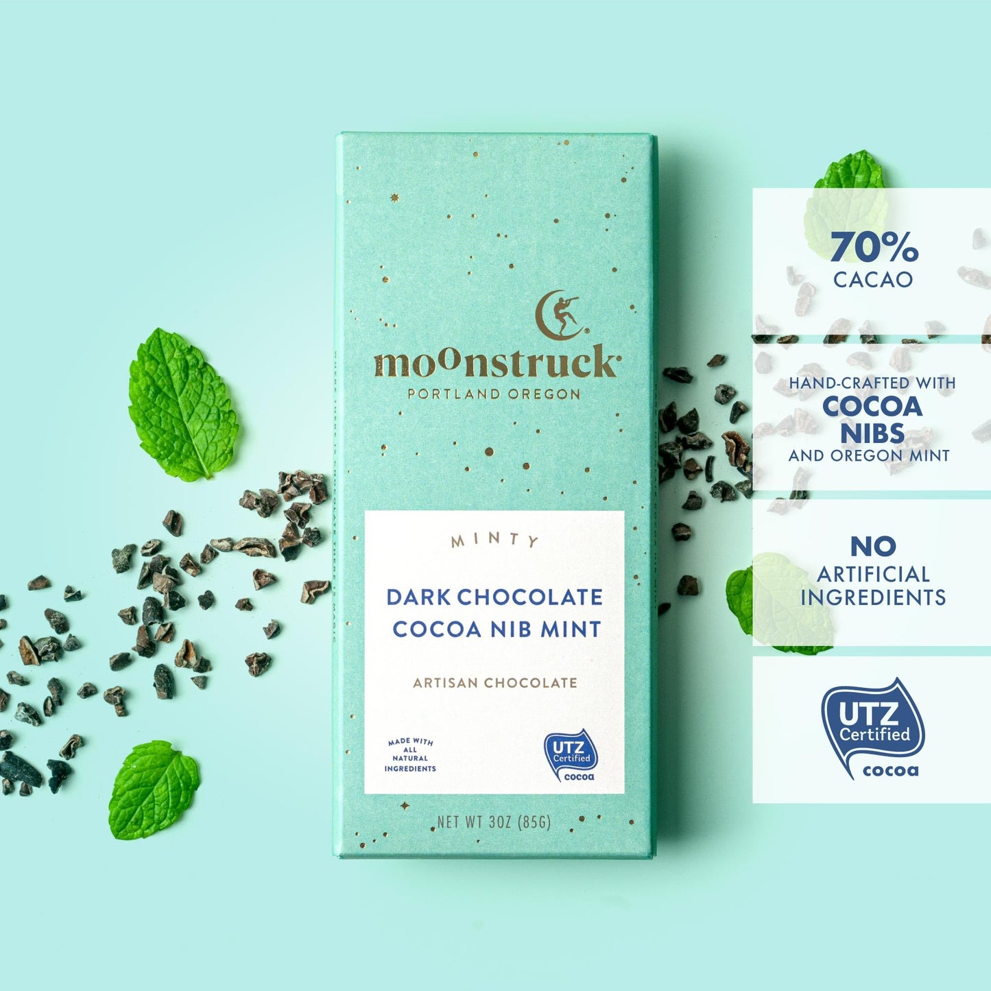 Moonstruck Chocolate Mint Chocolate Bar, 73% Cacao, 3.0Oz (Pack Of 12)