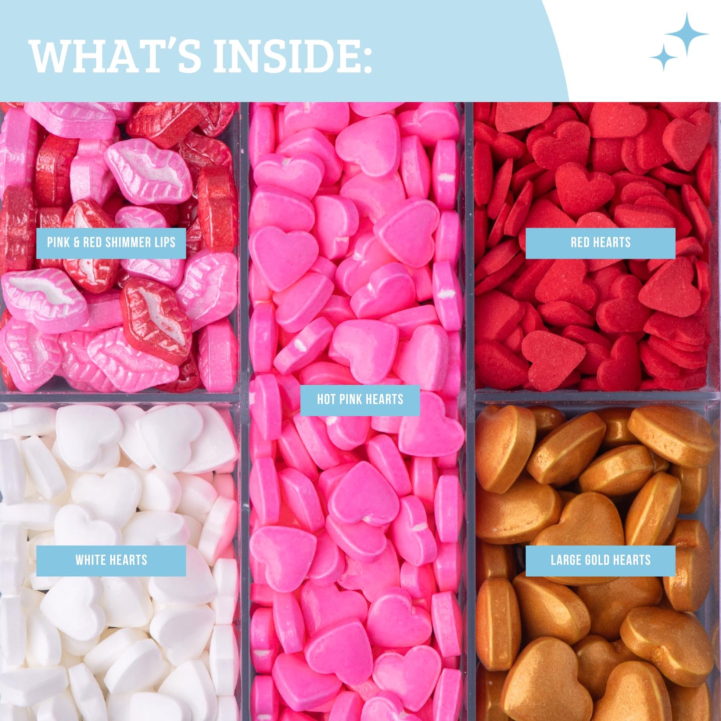 Sweets Indeed Valentines Heart Tacklebox, Edible Heart Shapes, Assorted Variety, Perfect For Cake Decorations, Baking, Ice Cream
