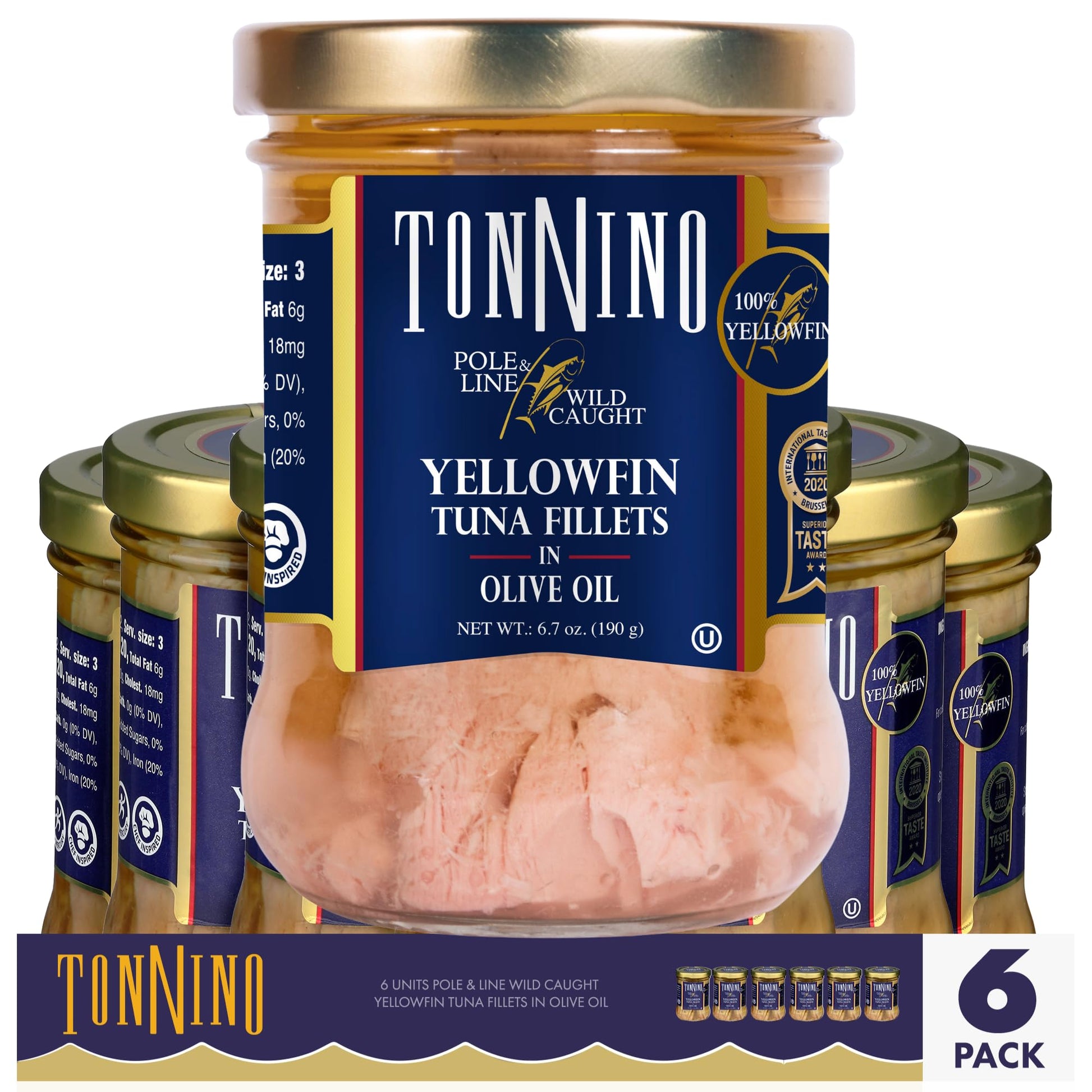 Tonnino Yellowfin Tuna in Olive Oil - Pack of 6 - 6.7 Ounces - Protein Snack, Ready to Eat Meals