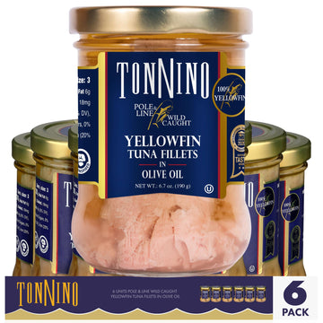 Tonnino Yellowfin Tuna in Olive Oil - Pack of 6 - 6.7 Ounces - Protein Snack, Ready to Eat Meals