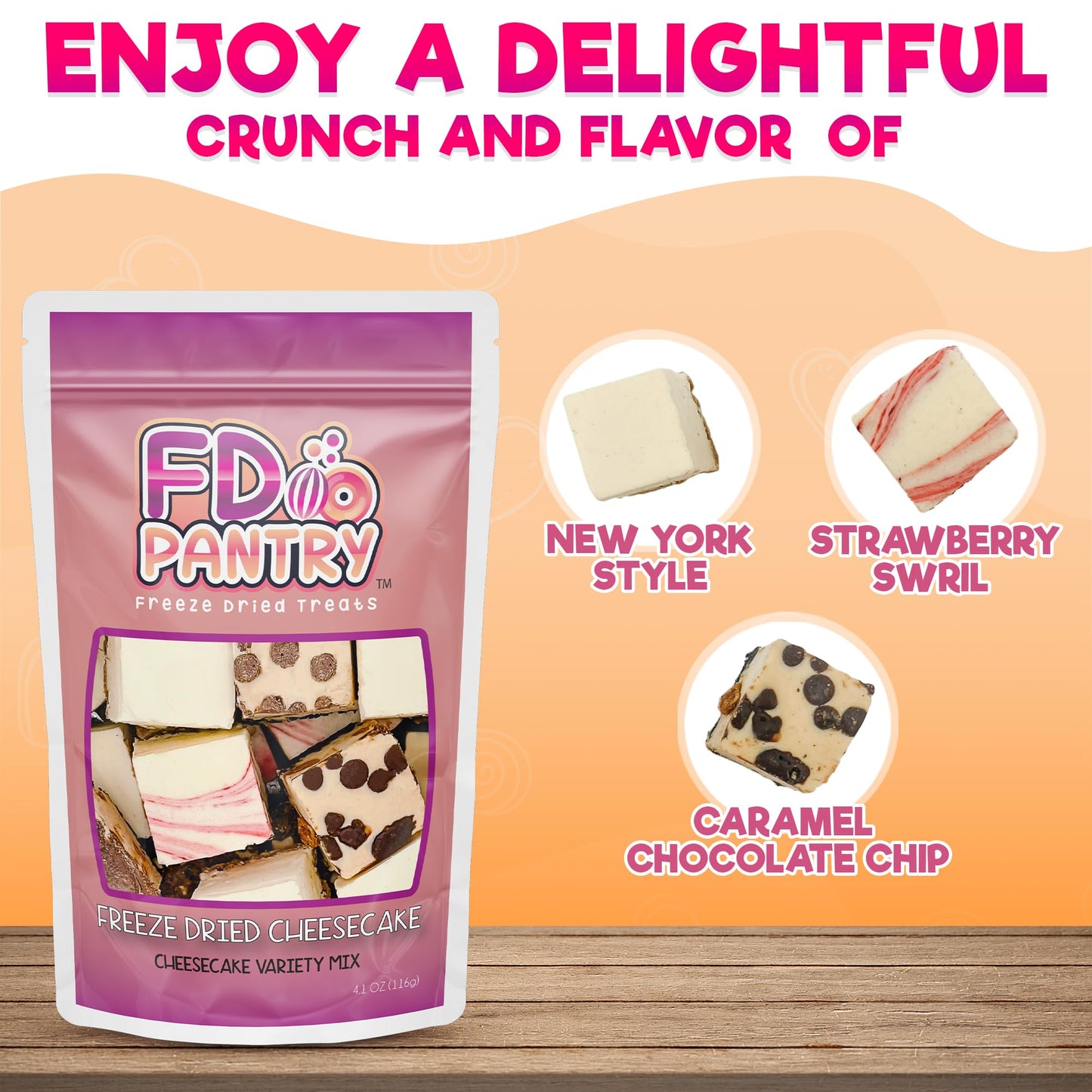 Freeze Dried Cheesecake New York Style, Caramel Chocolate Chip And Strawberry Swirl Crunchy Treat Resealable Bag 4.1 Oz Cheese C