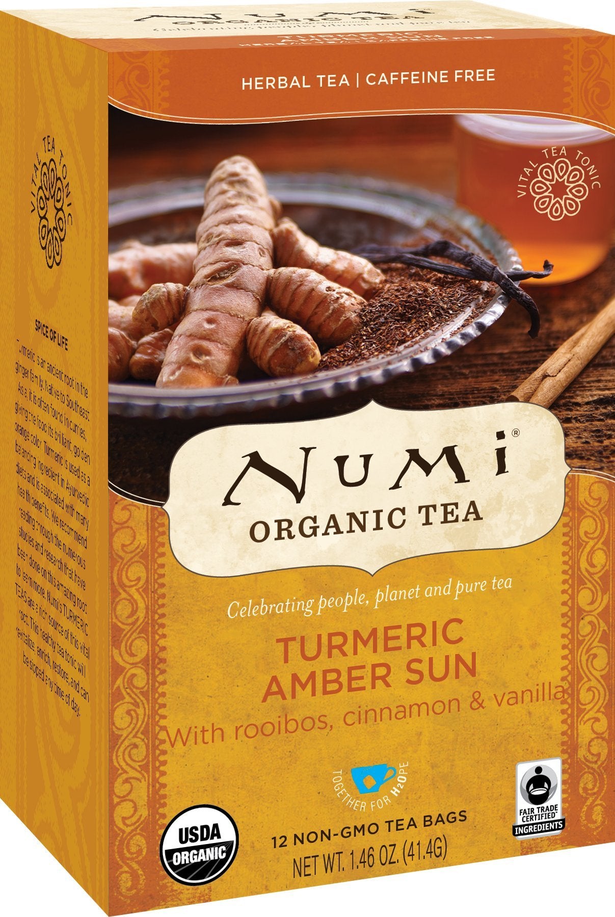 Numi Organic Tea Amber Sun, 12 Count Box Of Tea Bags (Pack Of 6) Turmeric Tea
