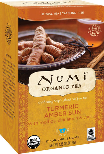 Numi Organic Tea Amber Sun, 12 Count Box Of Tea Bags (Pack Of 6) Turmeric Tea