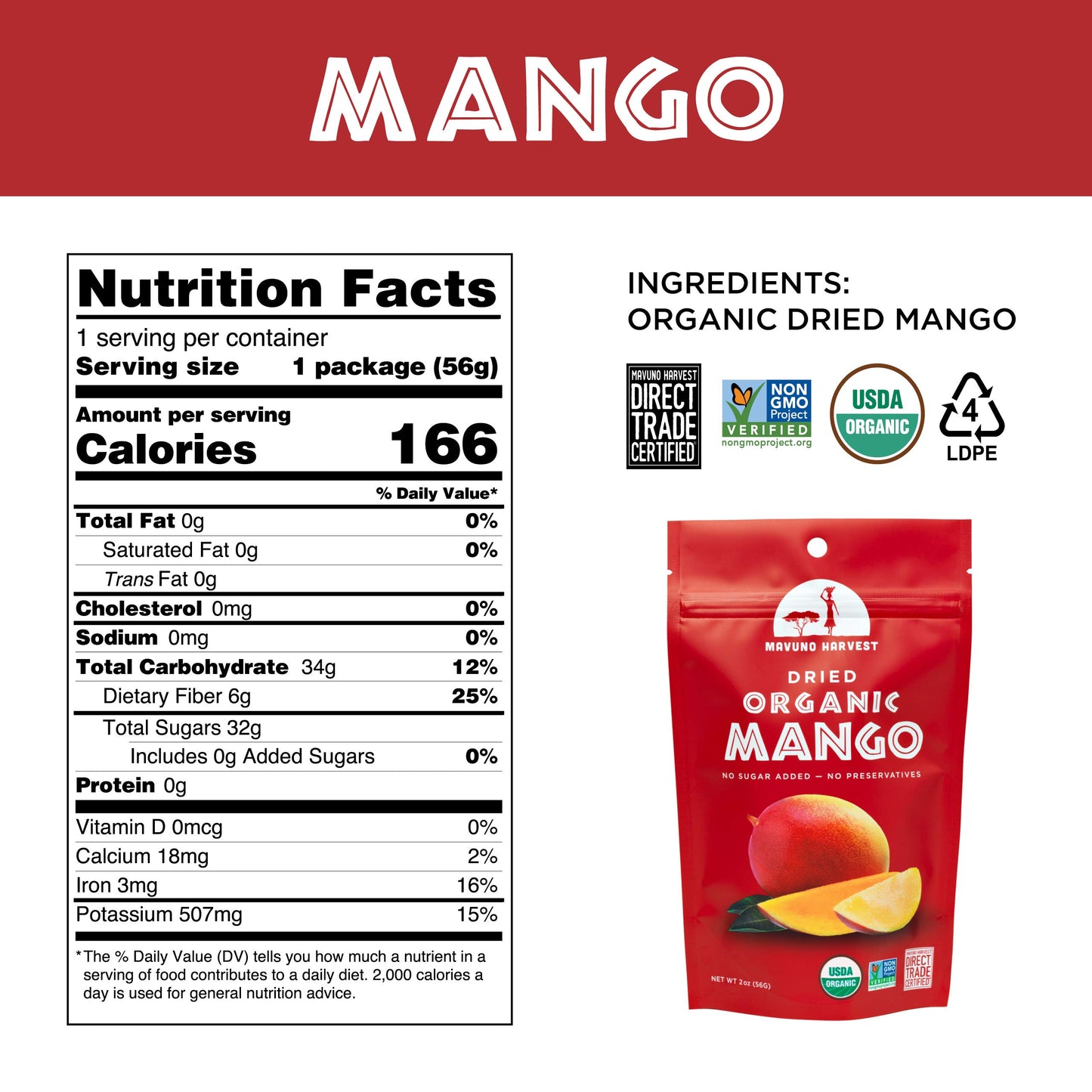 Mavuno Harvest Dried Mango Snacks | Organic, Unsweetened, Gluten Free | 2 Ounce, Pack of 3