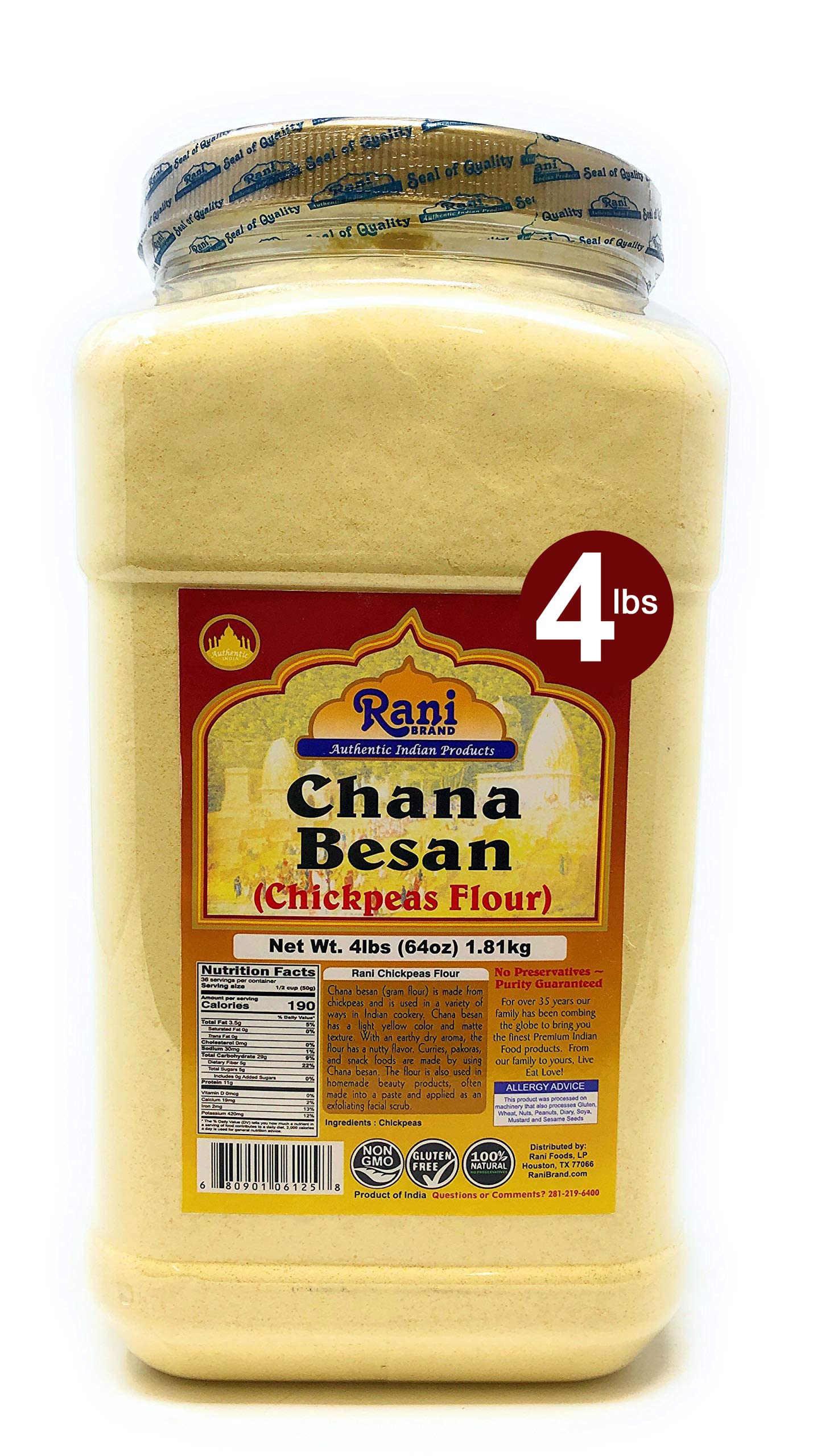 Rani Chana Besan Chickpeas Flour 64oz (4lbs) Bulk Jar - All Natural, Vegan, Gluten Friendly, NON-GMO, Indian Origin