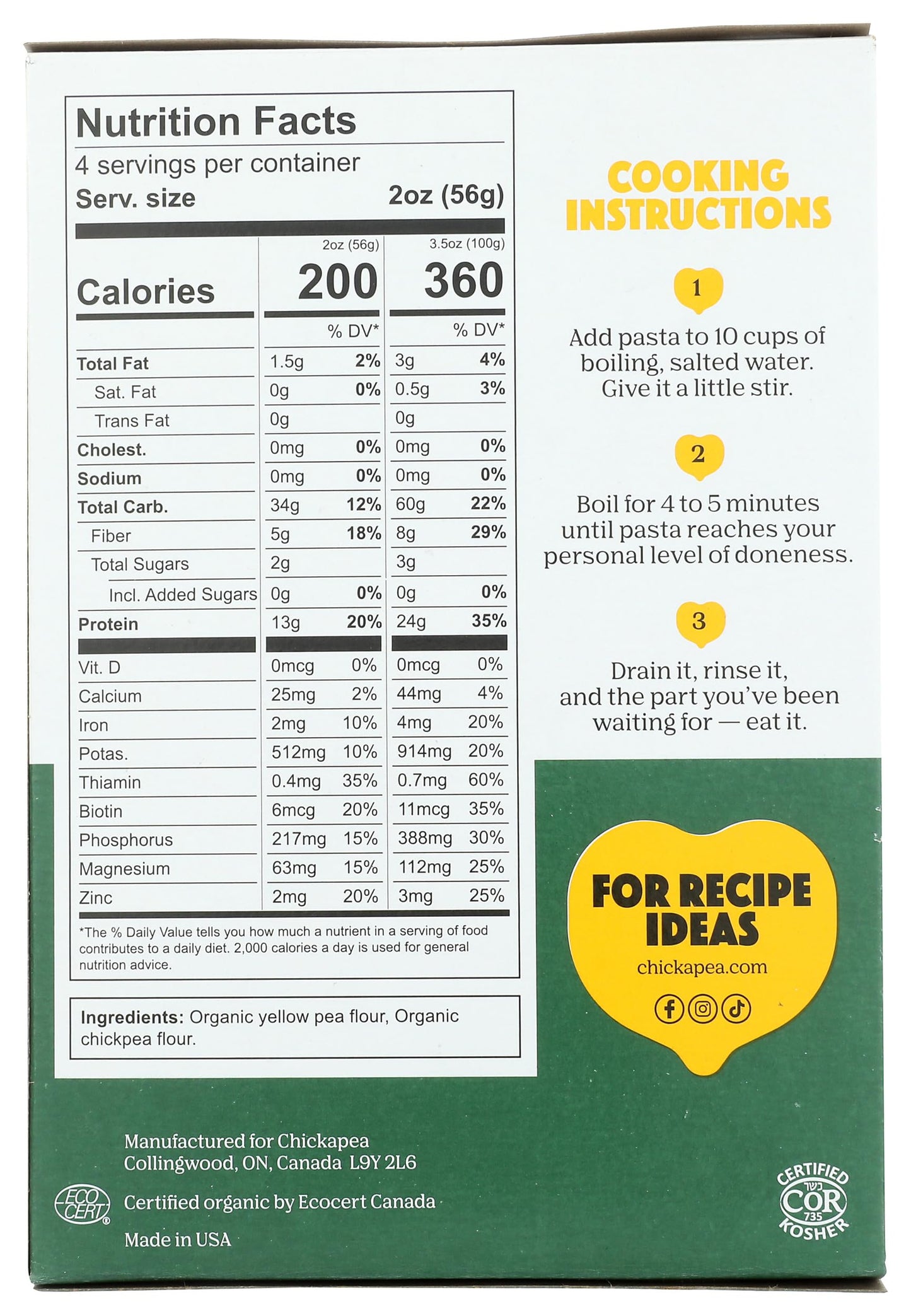 Chickapea Pasta Organic Chickapeas & Lentils Elbows Pasta, 8 Oz