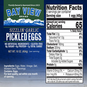 BAY VIEW BRAND Pickled Eggs, No Artificial Ingredients, Gluten Free, 16oz (Sizzlin Garlic)