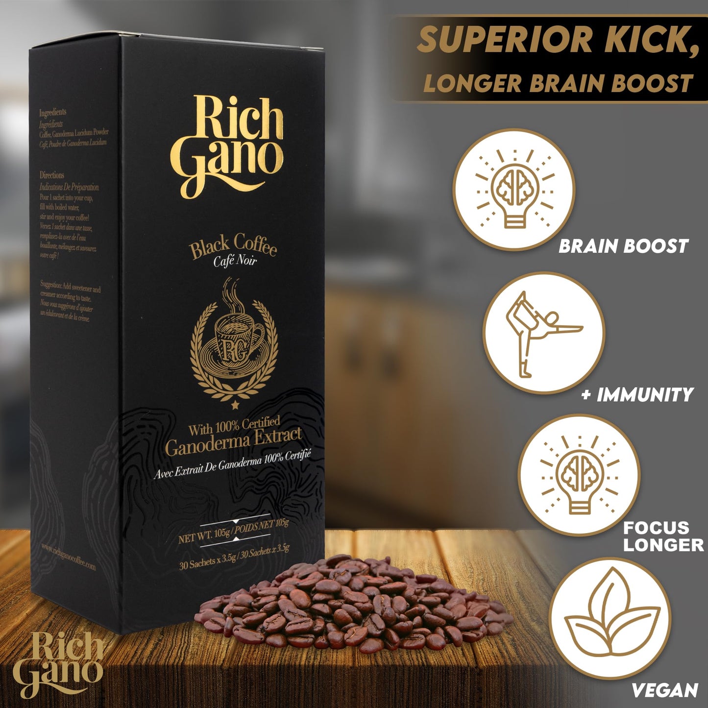 Rich Gano Reishi Mushroom Coffee – Instant Black Coffee with Ganoderma Extract – 30 Sachets – Vegan Friendly – Immune Support