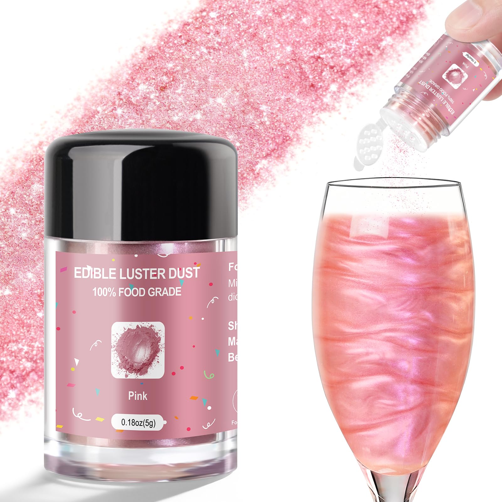 CRPTHE Pink Luster Dust Edible 5g, Edible Glitter for Drinks, Food Grade Glitter Shimmer Sprinkle Powder for Cocktails, Baking, 