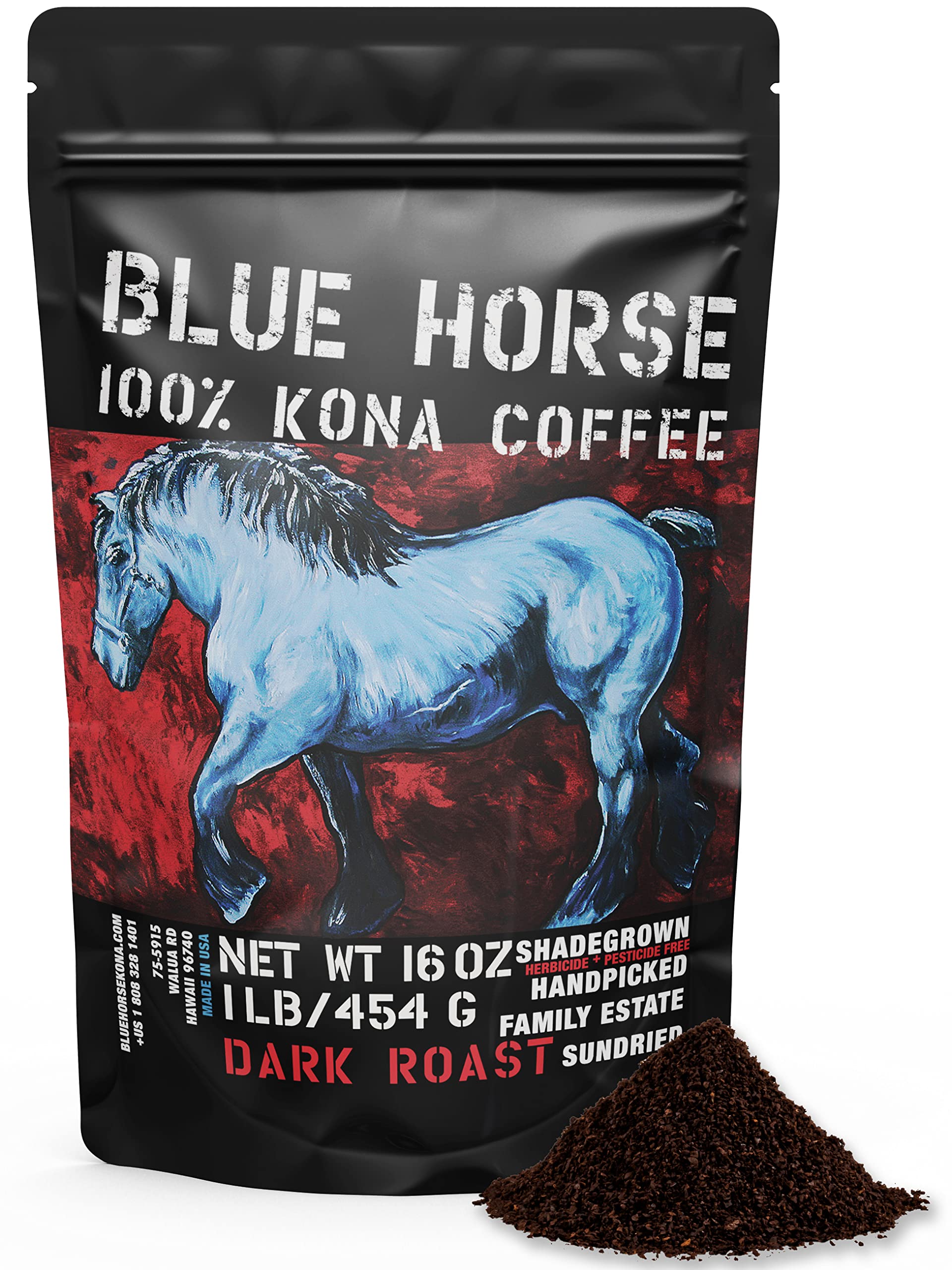 Blue Horse 100% Kona Coffee, Dark Roast Ground Arabica, 16 oz (1 lb) Bag. Farm Fresh Hawaiian Coffee, Smooth & Bold Flavor, Hand