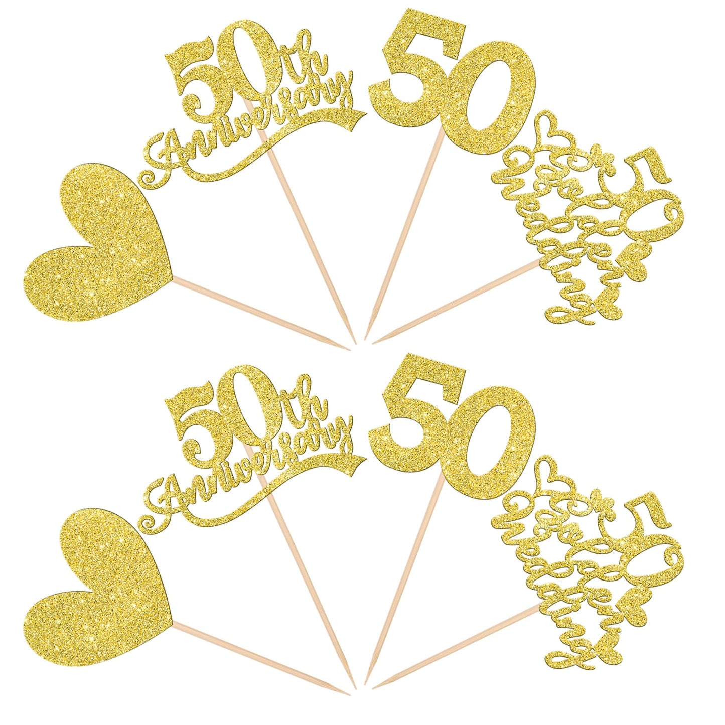 24 Pcs 50Th Anniversary Cupcake Toppers Gold Glitter Heart 50 Golden Wedding Anniversary Cupcake Picks For Cheers To 50 Years Bl