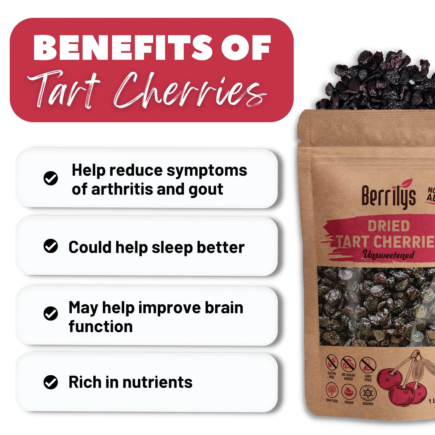 Dried Cherries, Unsweetened, Tart, Berrilys,16 Oz, Pitted, Kosher, Unsulfured, Sour, No Added Sugar, No Preservatives, No Oil, N