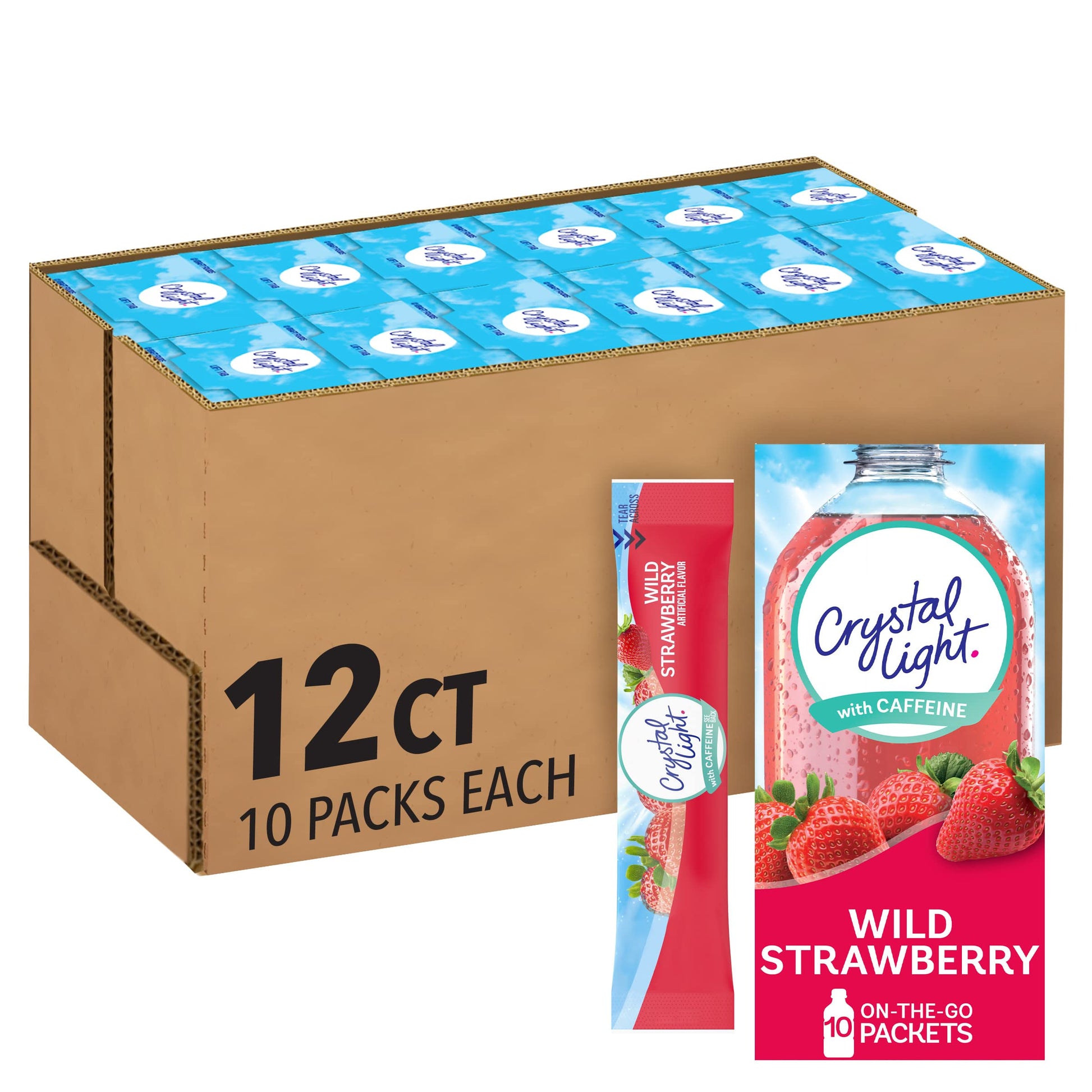 Crystal Light Powdered Drink Mix, Wild Strawberry Flavor, 120 ct (12 Boxes of 10 Packets), Pink, Model 00043000053850
