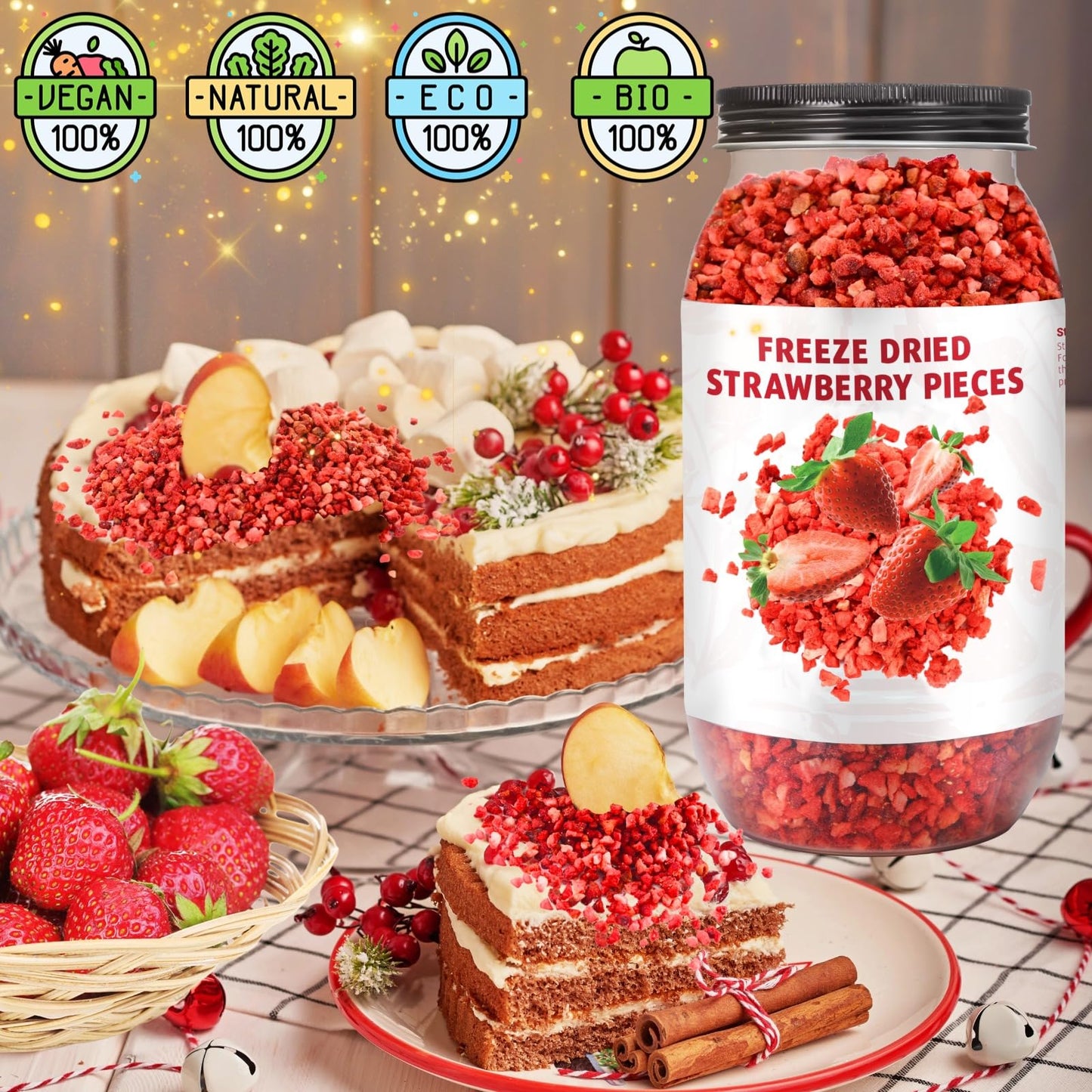 Premium Freeze Dried Strawberries Pieces - 8.82Oz 100% Natural Sweet Frozen Strawberrys, No Gluten & No Allergen, Dry Strawberry