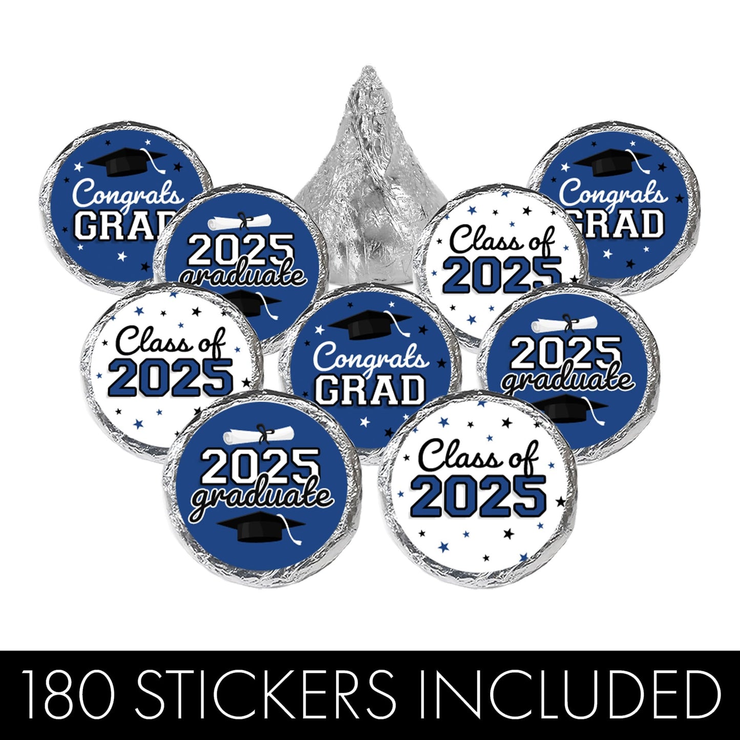 Blue Graduation Party Stickers For Kisses Candy, Chocolate Drops, 2025 Grad Party Favors - 180 Count