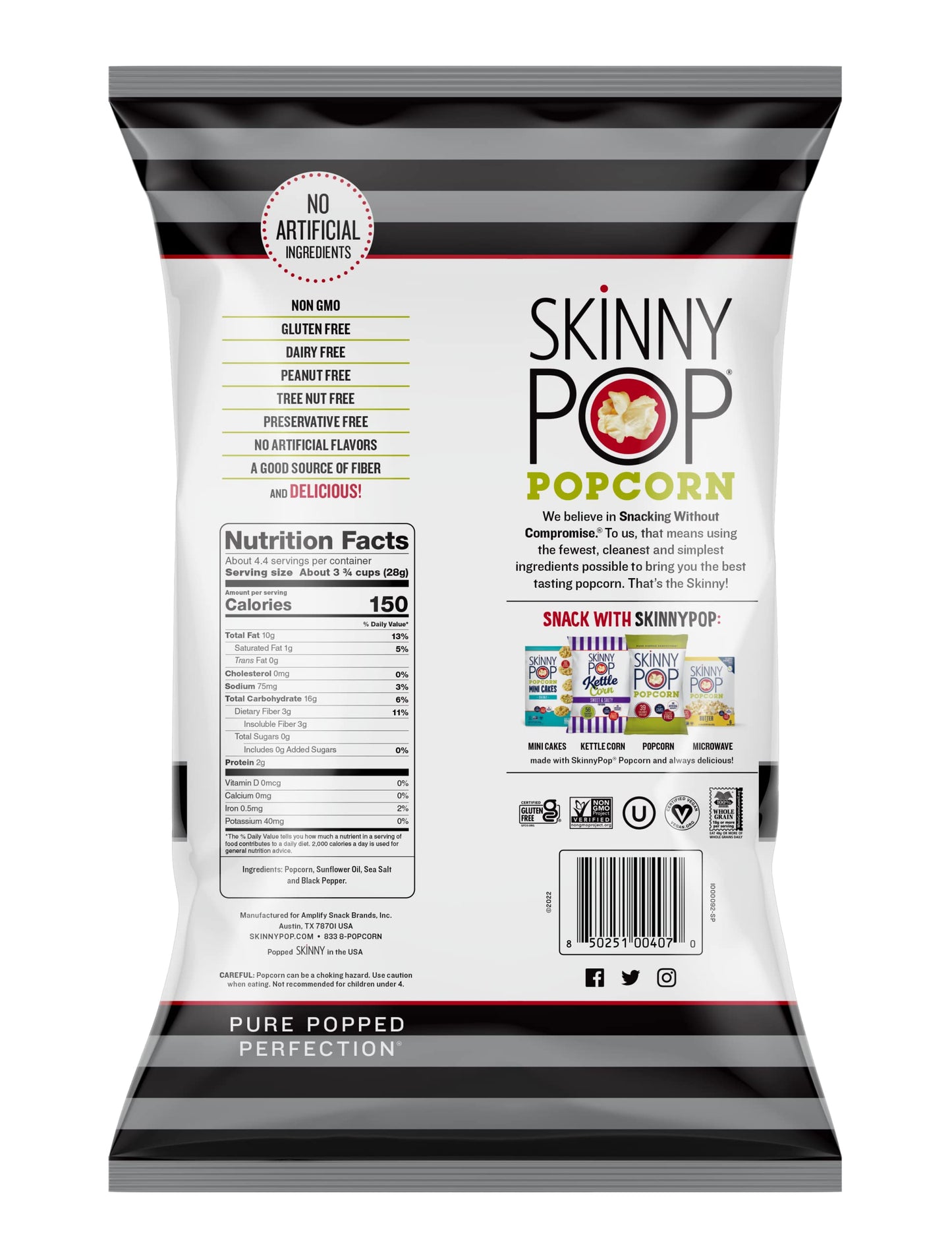 SkinnyPop Popcorn, Sea Salt & Pepper, Whole Grain, Dairy-Free Snack, 4.4oz Bags (12ct)