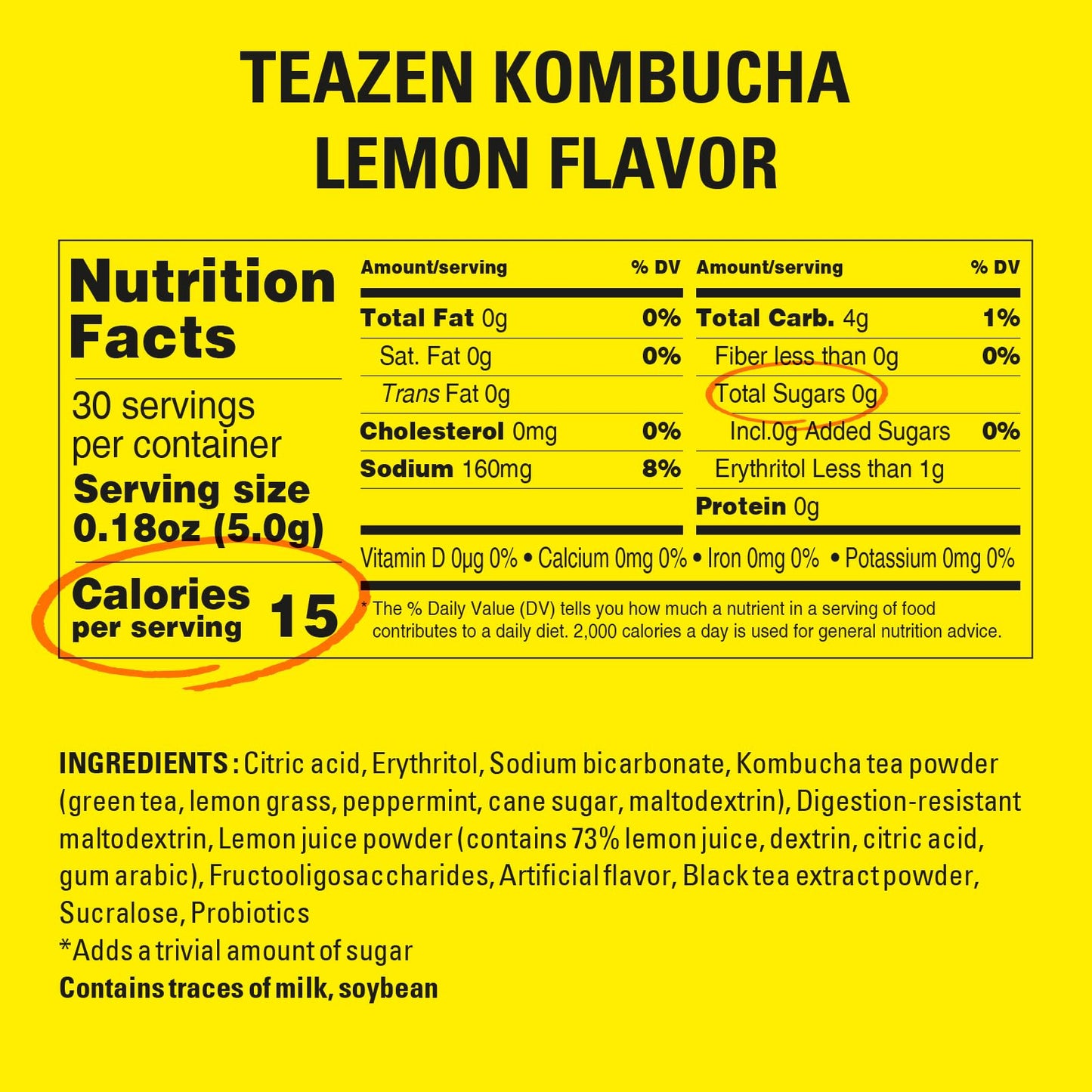 TEAZEN Lemon Kombucha Tea, Sugar Free Hydration Drink Mix, 30 Servings, Live Probiotics & Prebiotics