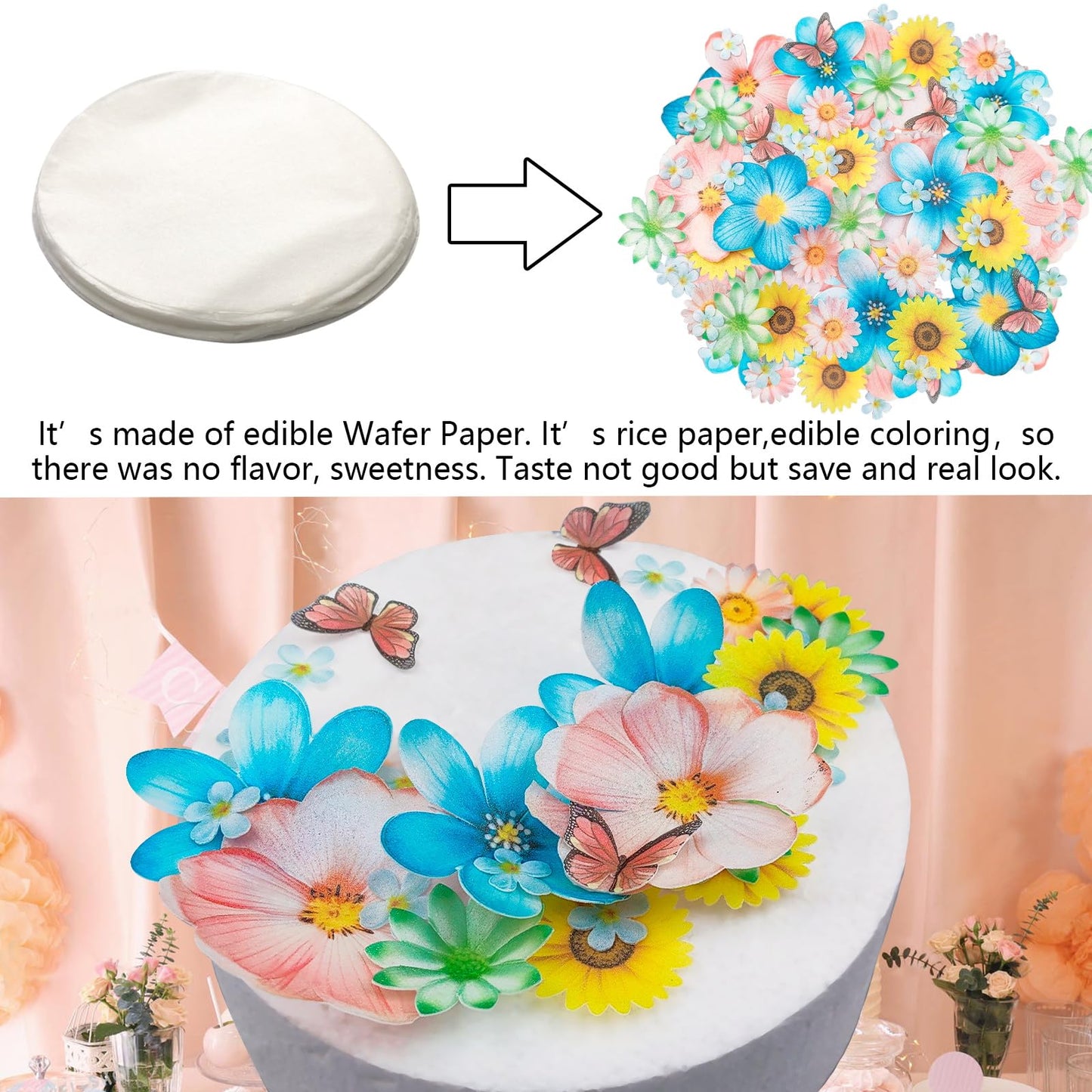 Morofme 55Pcs Edible Flower Butterflies Cake Topper Wafer Paper Flower Cupcake Toppers Hawaiian Flower Cake Decorations Mixed Si