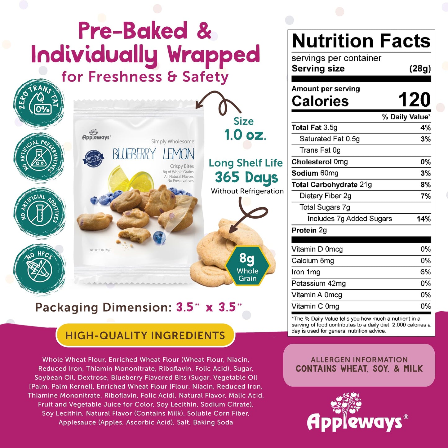 Blueberry Snacks Lemon Crispy Bites, All-Natural Individually Wrapped Lemon Blueberry Cookies Snacks, Made In Usa, 108 Count, 1.