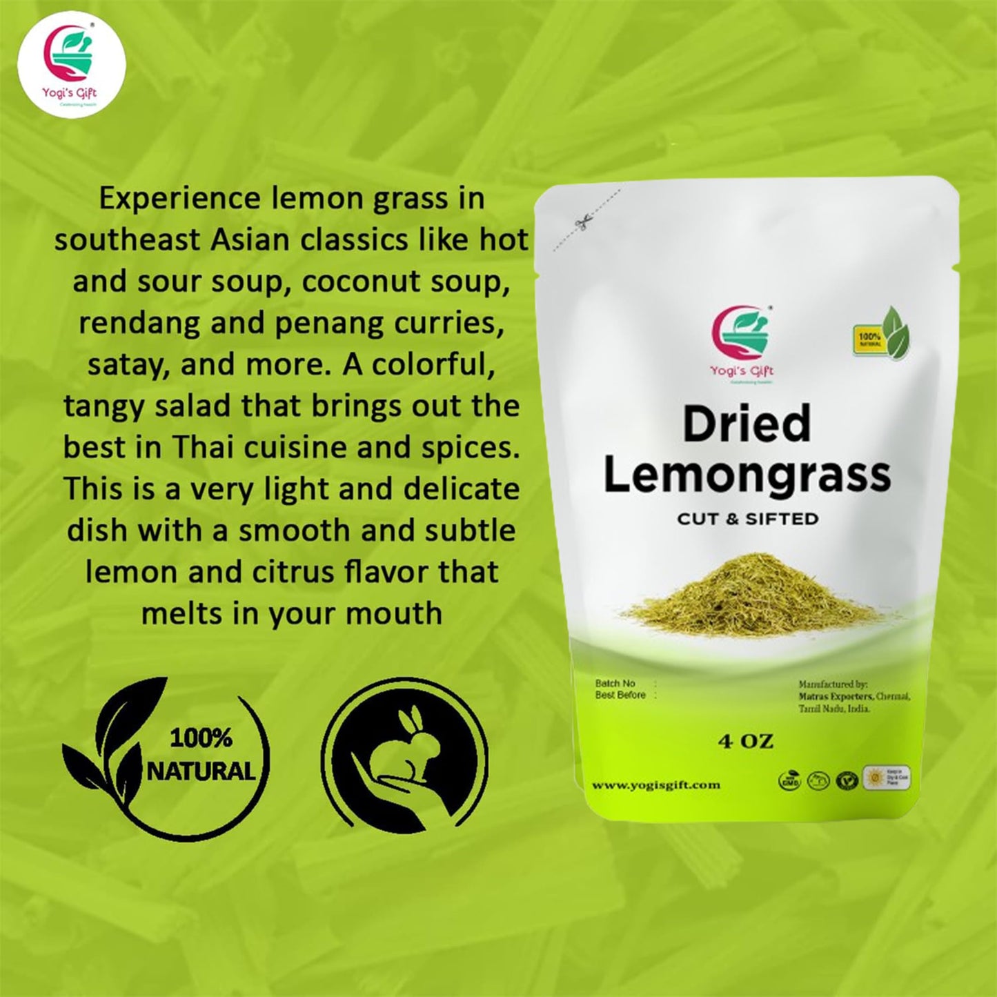 Dried Lemongrass 4 Oz | Cut And Sifted Loose Leaf | Aroma Rich Lemon Grass | By Yogi'S Gift