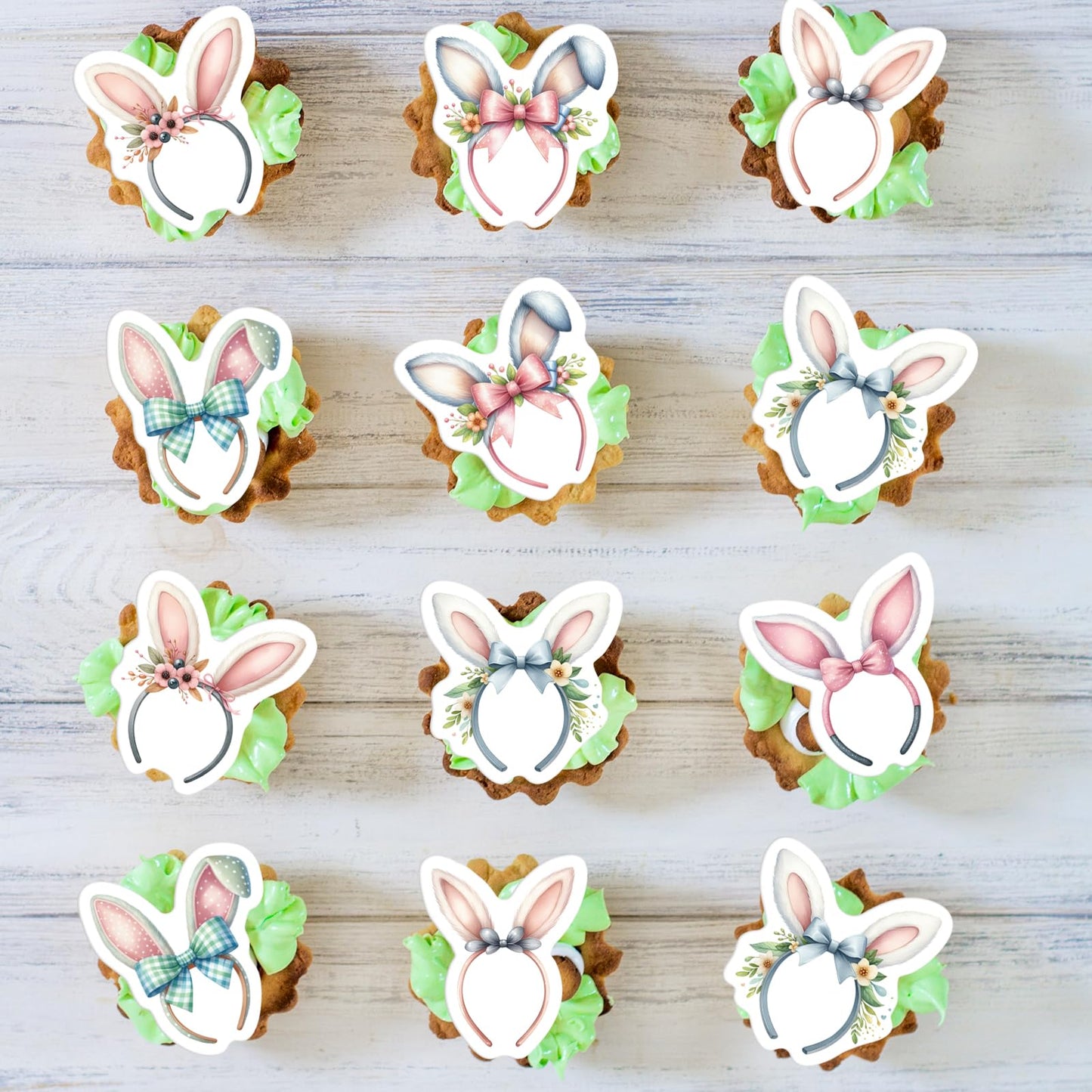 30Pcs Edible Easter Bunny Ear Cupcake Toppers Edible Rabbit Ears Bowknot Cupcake Picks Wafer Paper Bunny Ear Cake Toppers For Ha