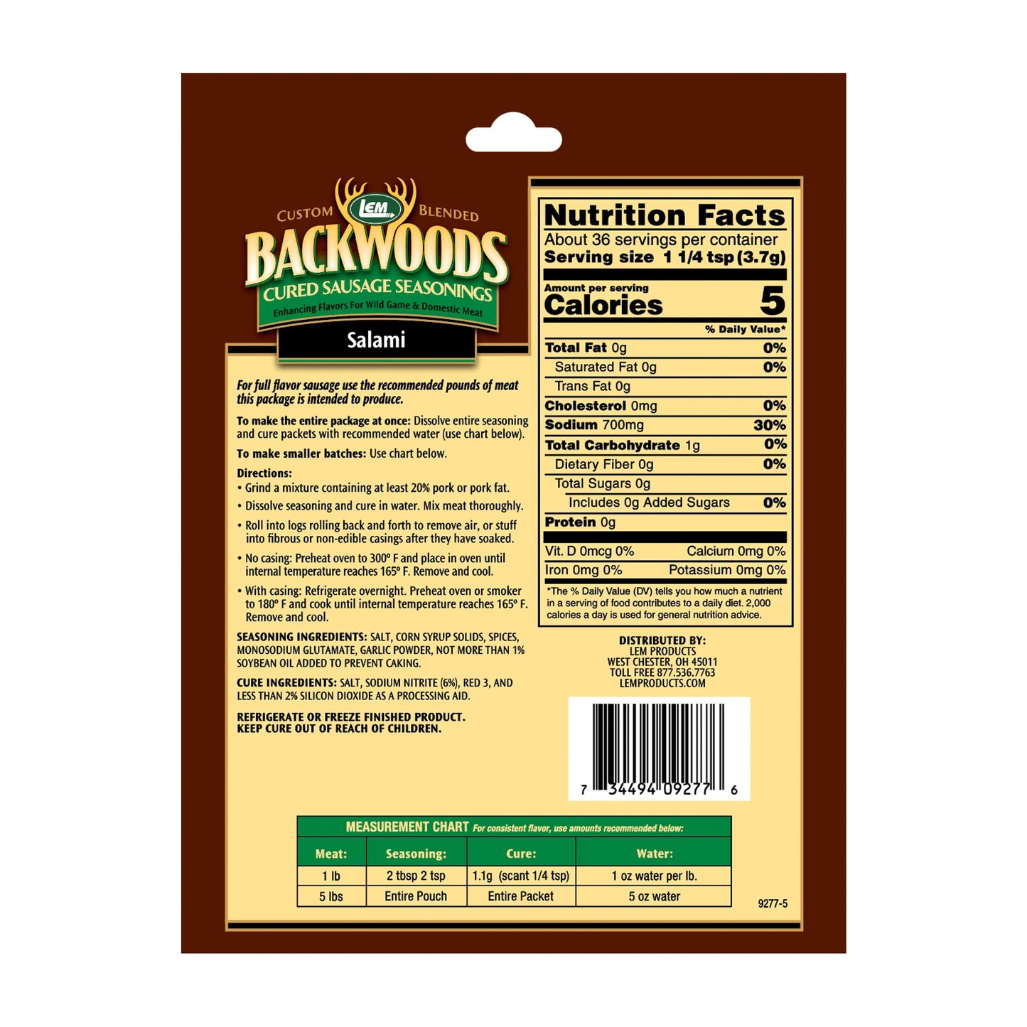 LEM Backwoods Cured Sausage Seasoning with Cure Packet, Salami Sausage, Model 9278