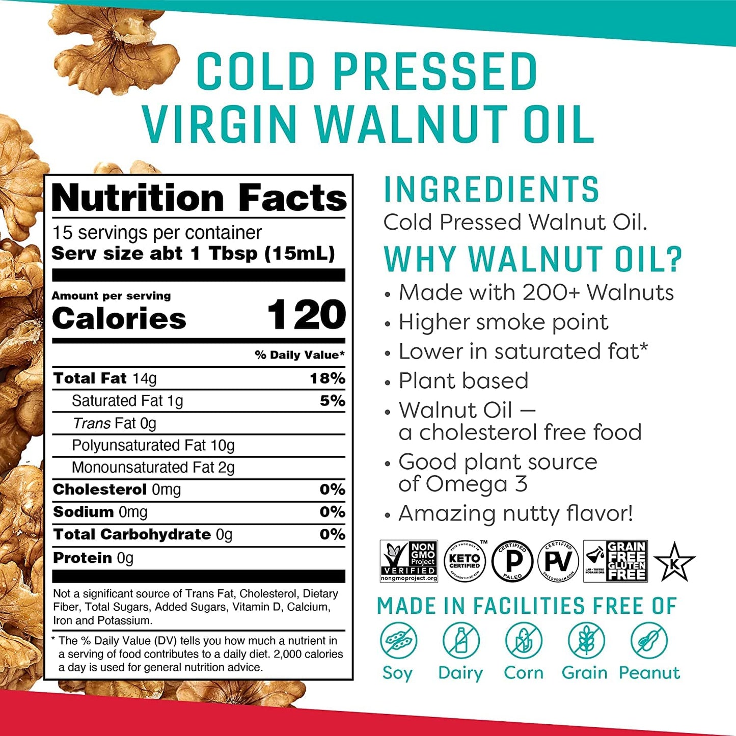 Octonuts Cold Pressed Walnut Oil, 8 ounce, Made with California Walnuts, Plant-based, Keto, Paleo Friendly, Vegan, Gluten Free (