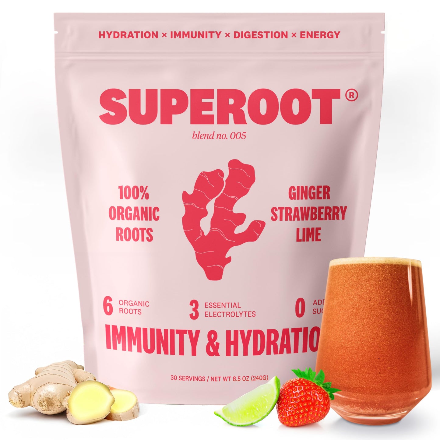 SUPEROOT Ginger Shot + Superfood Drink Mix - Immunity & Hydration - 8.47 oz - Strawberry Lime Flavor