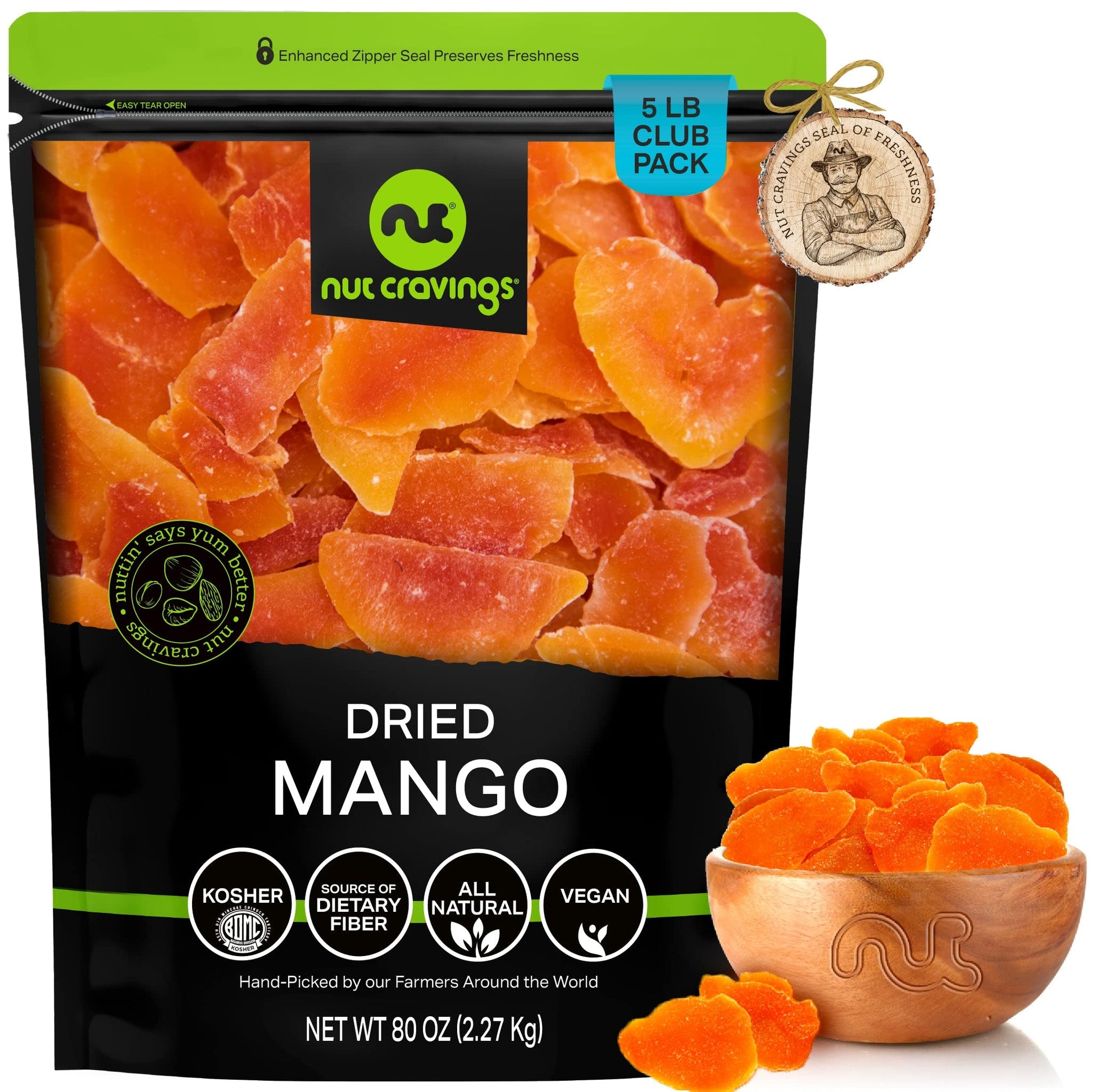NUT CRAVINGS Dry Fruits - Sun Dried Mango Slices, with Sugar Added (80oz - 5 LB, Bulk) Packed Fresh in Resealable Bag - Sweet Sn