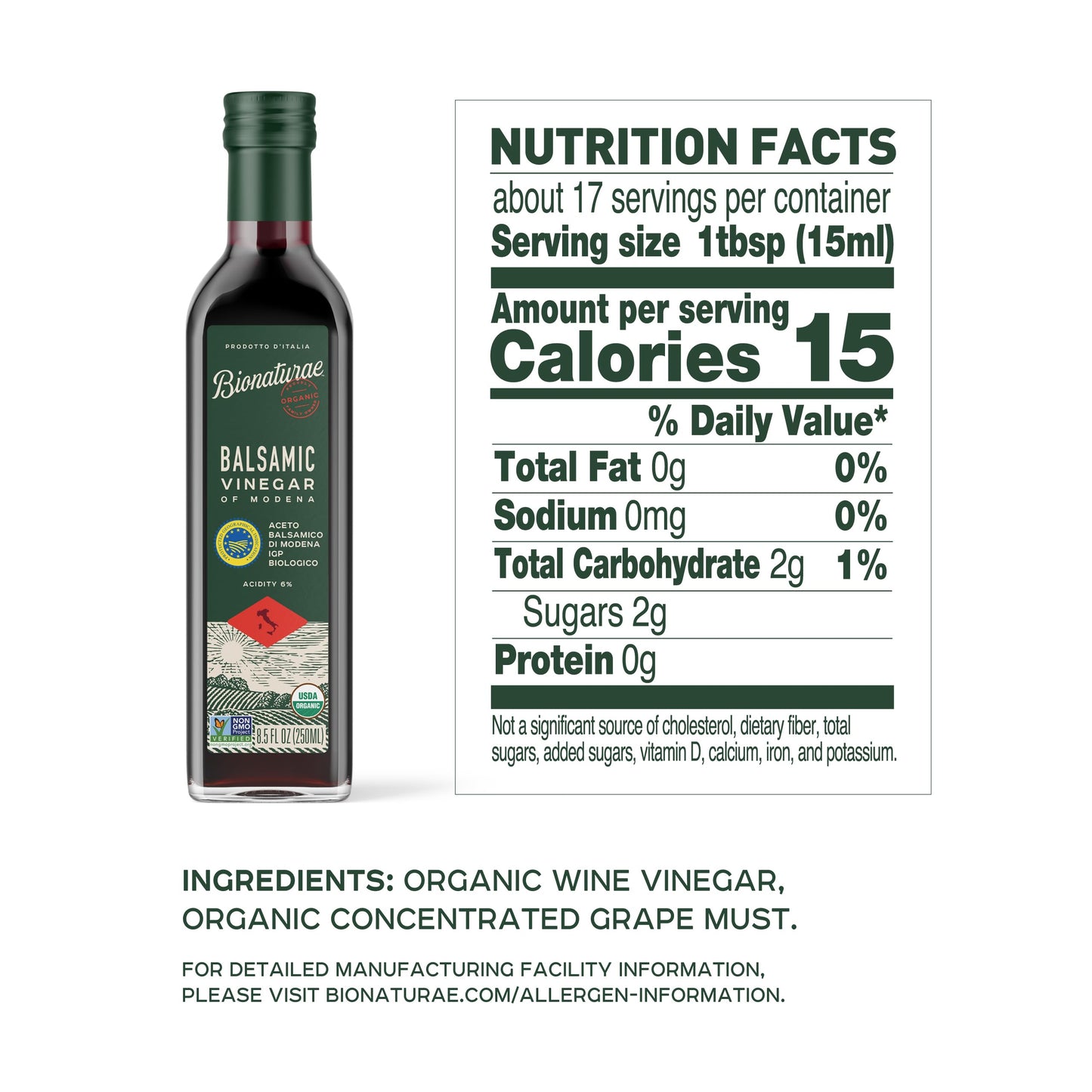 Bionaturae Vinegar Balsamic - Organic Balsamic Vinegar, Modena Balsamic Vinegar, Acidity 6%, USDA Certified Organic, Recyclable