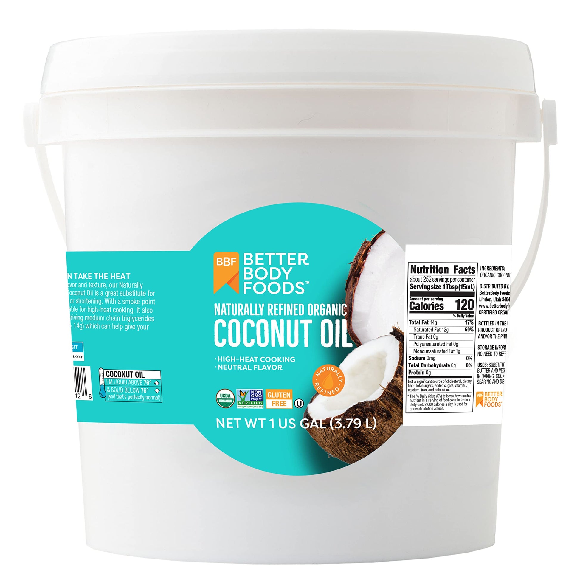 BetterBody Foods Refined Organic Coconut Oil with Neutral Flavor and Aroma  Non-GMO  Cooking Oil  1 Gallon
