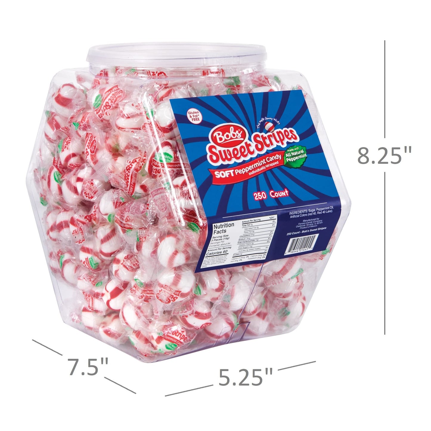 Bob'S Sweet Stripes Bobs Sweet Stripes Soft Peppermint Candy - 250 Mints Individually Wrapped In Reusable Plastic Tub - Peppermi