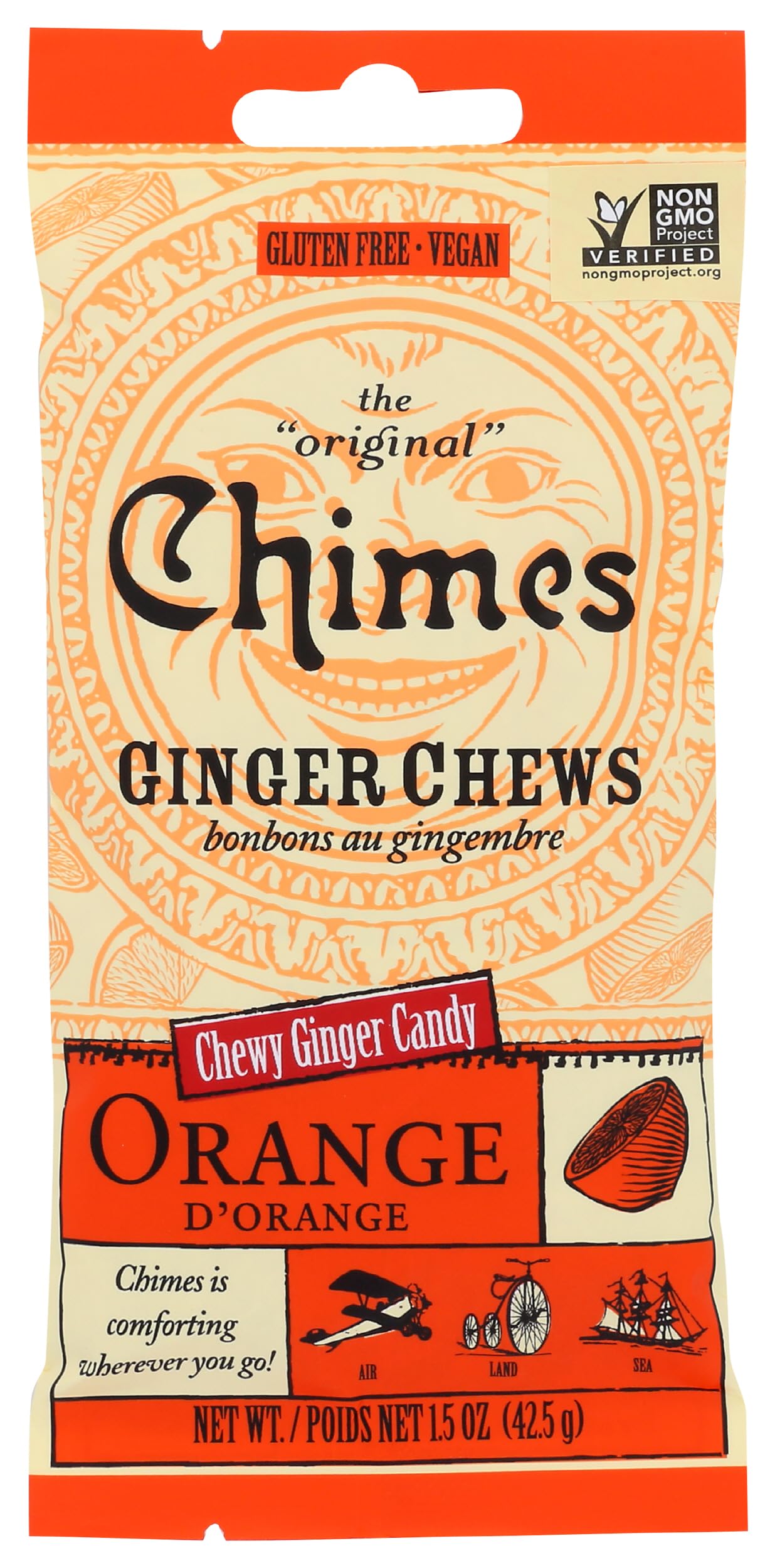 Chimes Orange Ginger Chews, 1.5 Ounce Pack, Model 838836, Chewy Ginger Candy
