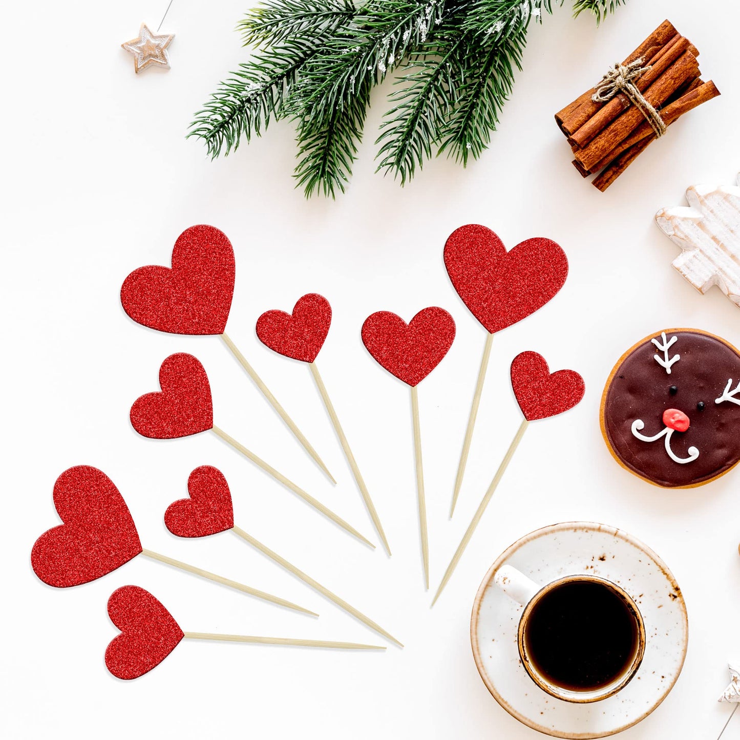 Gyufise 30Pcs Heart Cupcake Toppers Red Glitter Sweet Love Heart Cupcake Pick Decorations Valentine'S Day Cake Decorations For W