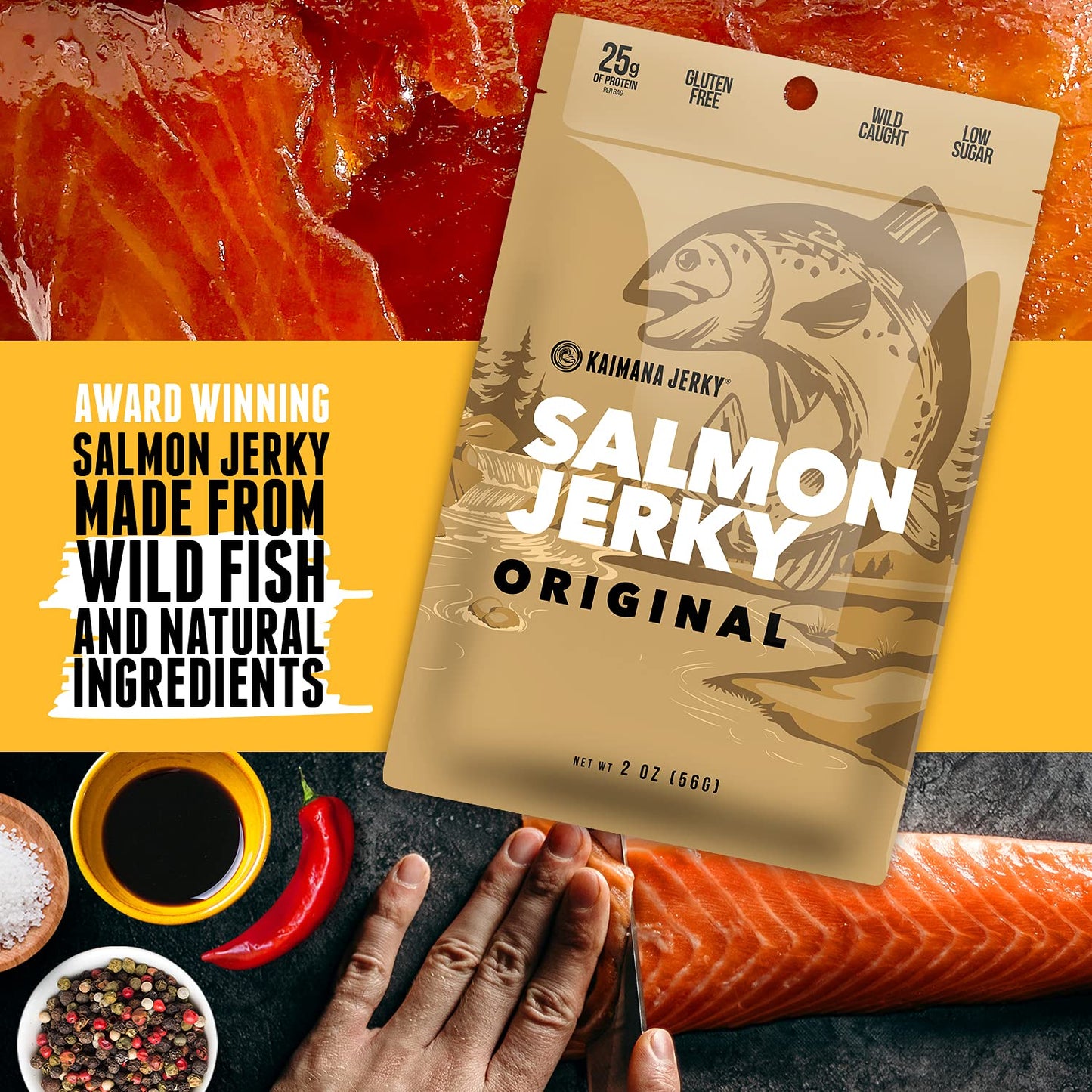 Kaimana Jerky Wild Caught Salmon Jerky - Organic Seafood Snack - Low-Calorie, Gluten-Free - 3 Pack (2 oz Each)