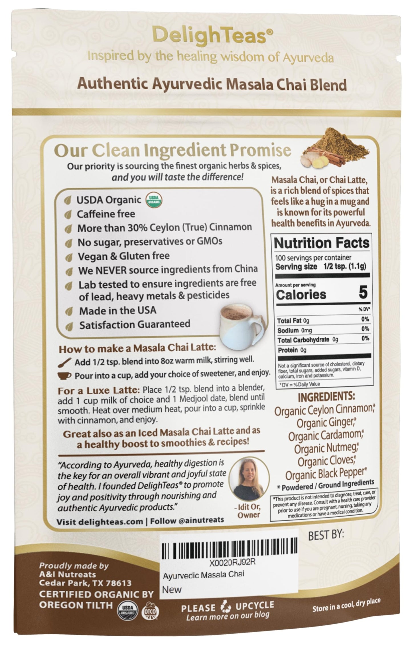 DelighTeas Organic Masala Chai Powder, Caffeine Free, Vegan, Keto, 4oz, 100 Servings