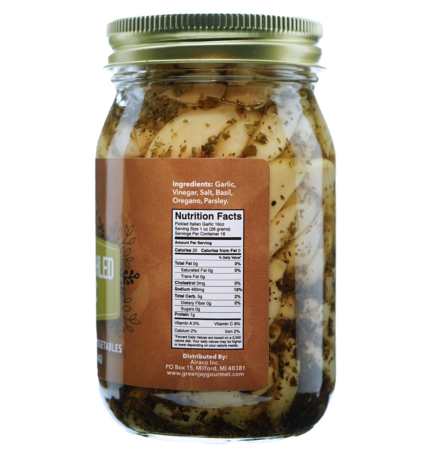 Green Jay Gourmet Pickled Garlic Cloves in a Jar - Italian Pickled Garlic - Fresh Garlic Bulbs for Cooking - Simple, Natural Ing