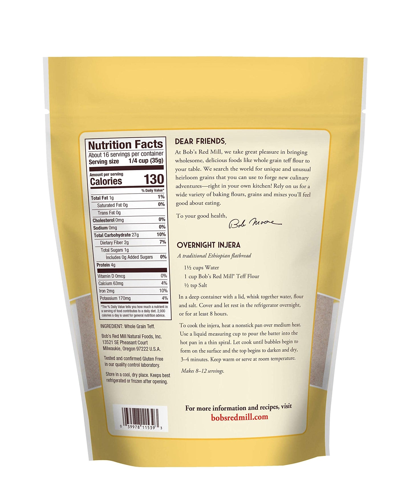 Bob'S Red Mill Teff Flour, 20Oz (Pack Of 1) - Non Gmo, Whole Grain, Vegan, Kosher