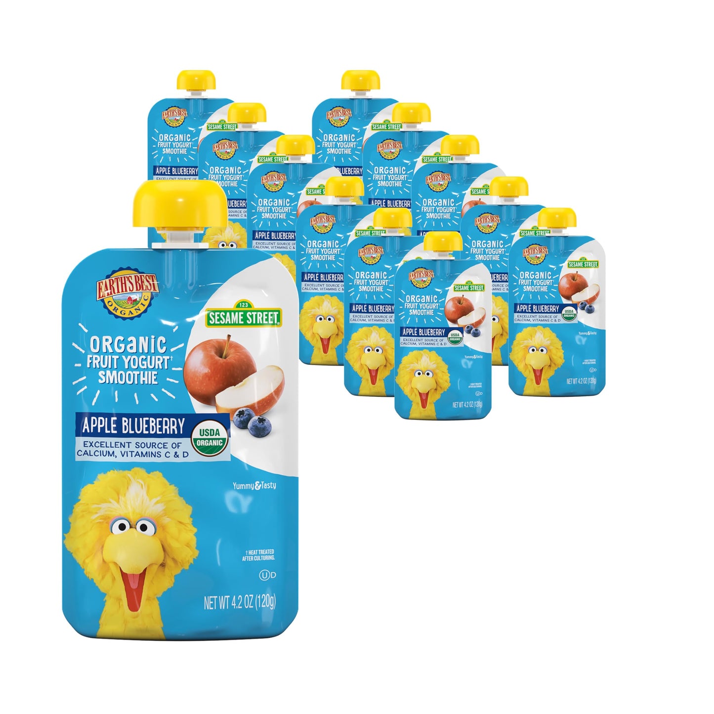 Earths Best Organic Yogurt Smoothie Pouches, 24+ Months, Fruit Yogurt Smoothie for Toddlers 24 Months and Up, Apple Blueberry, 4.2 Ounce Resealable Pouch (Pack of 12)