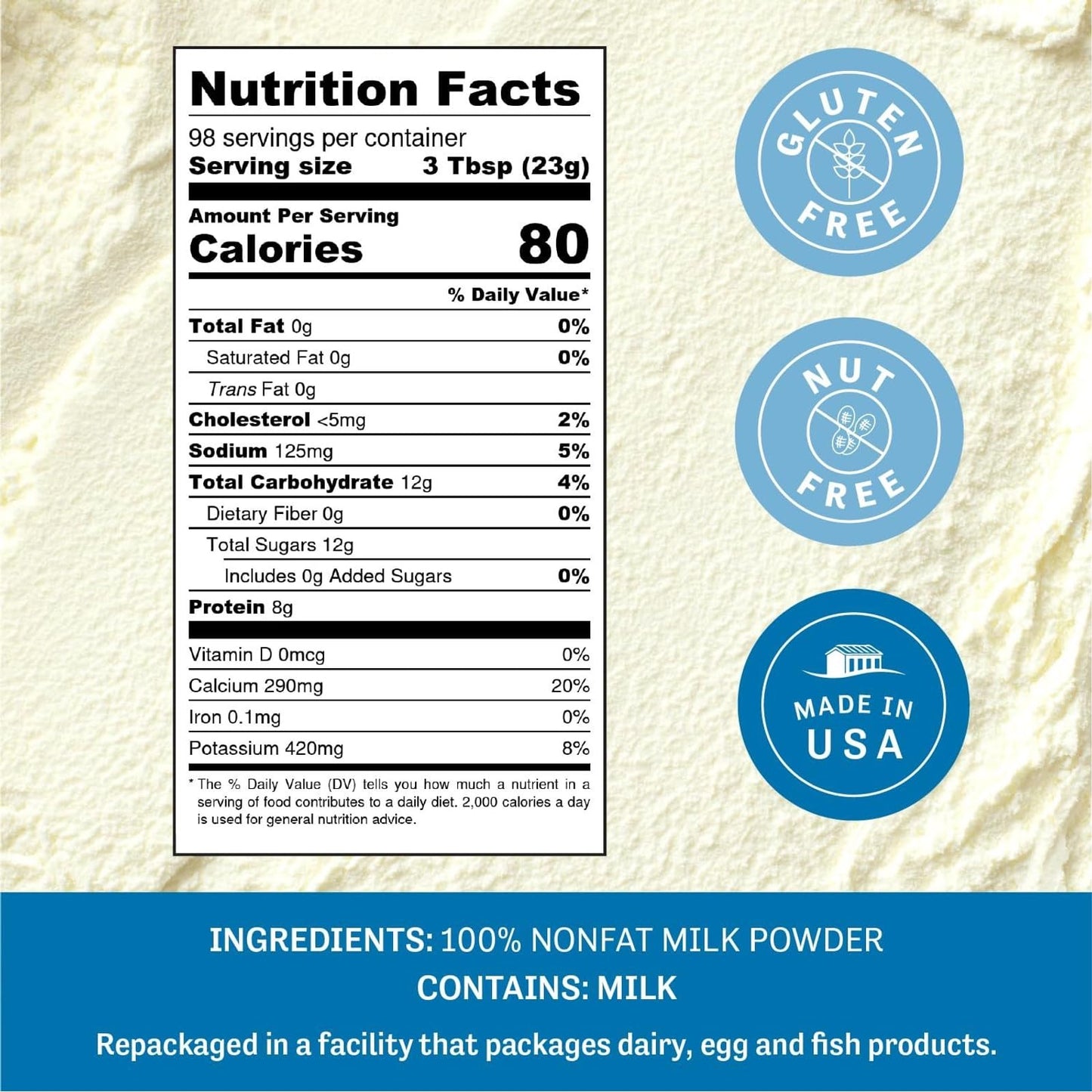 Judees Non-Fat Milk Powder - 100% Non-GMO, Keto-Friendly, rBST  -Free, Gluten-Free, 5 lb