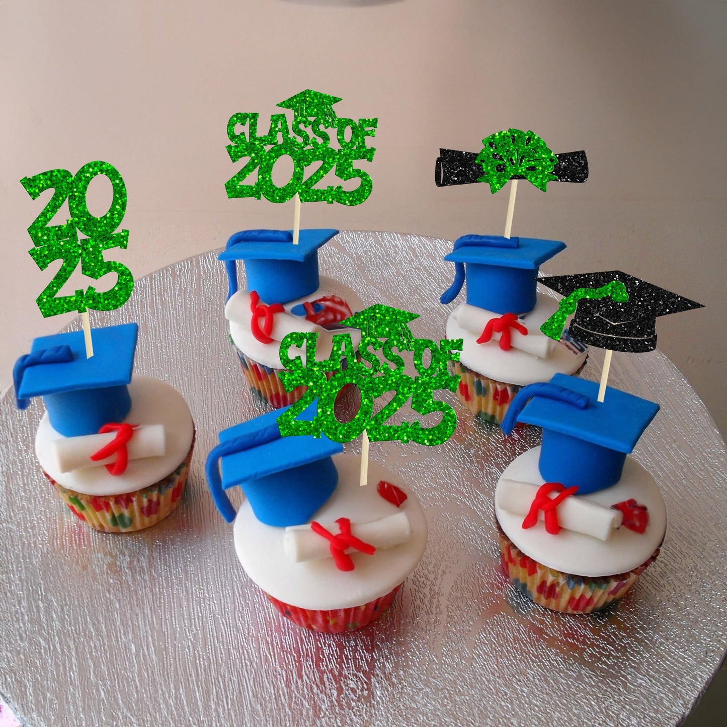 Ephlyn Graduation Cupcake Toppers, 36 Pcs, Glitter Class of 2025, Diploma & Cap Picks, Green