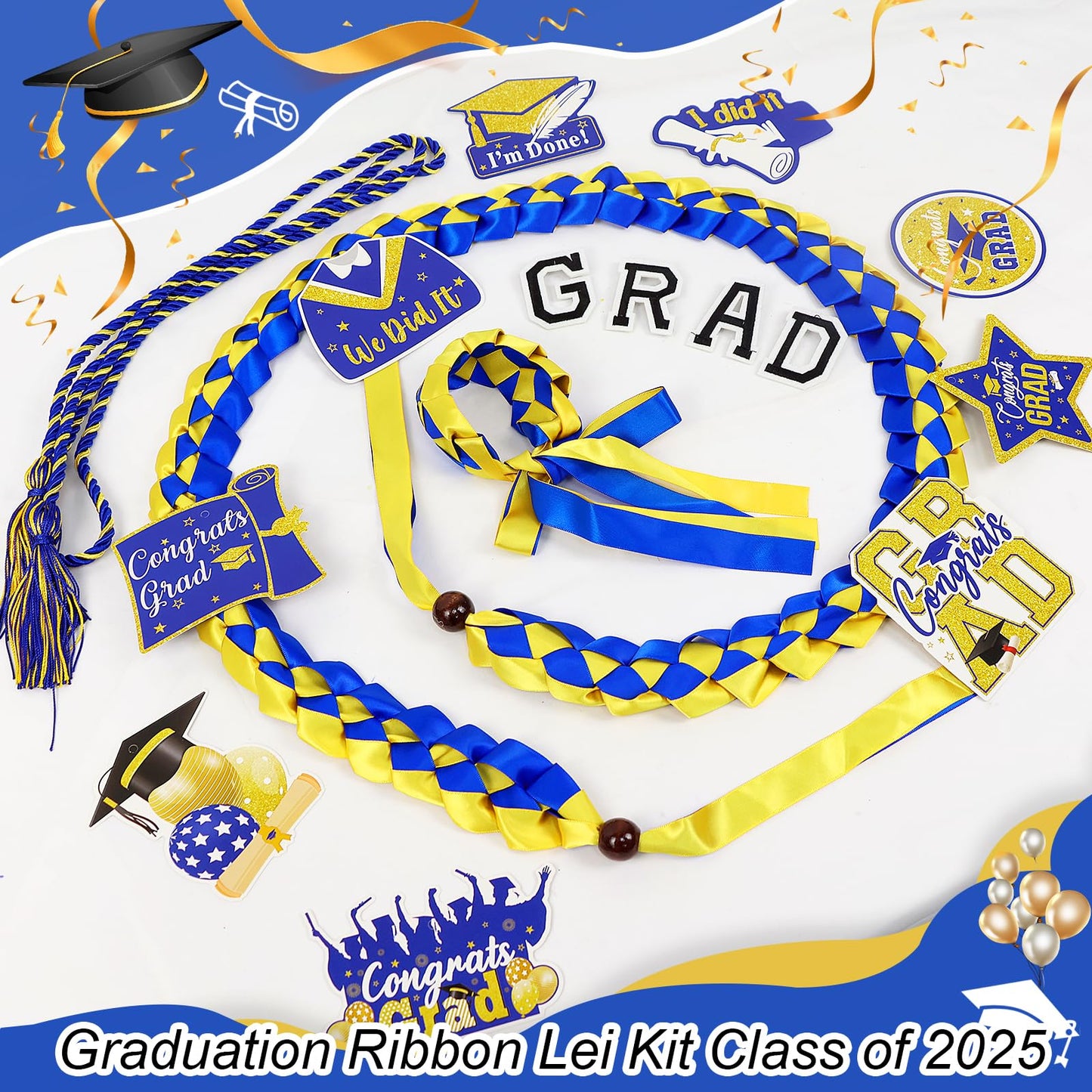 TKNOUS Graduation Ribbon Leis Kit, 10 Pcs Blue & Gold Candy Necklace with Honor Cord, Class of 2025, Lei-G Model