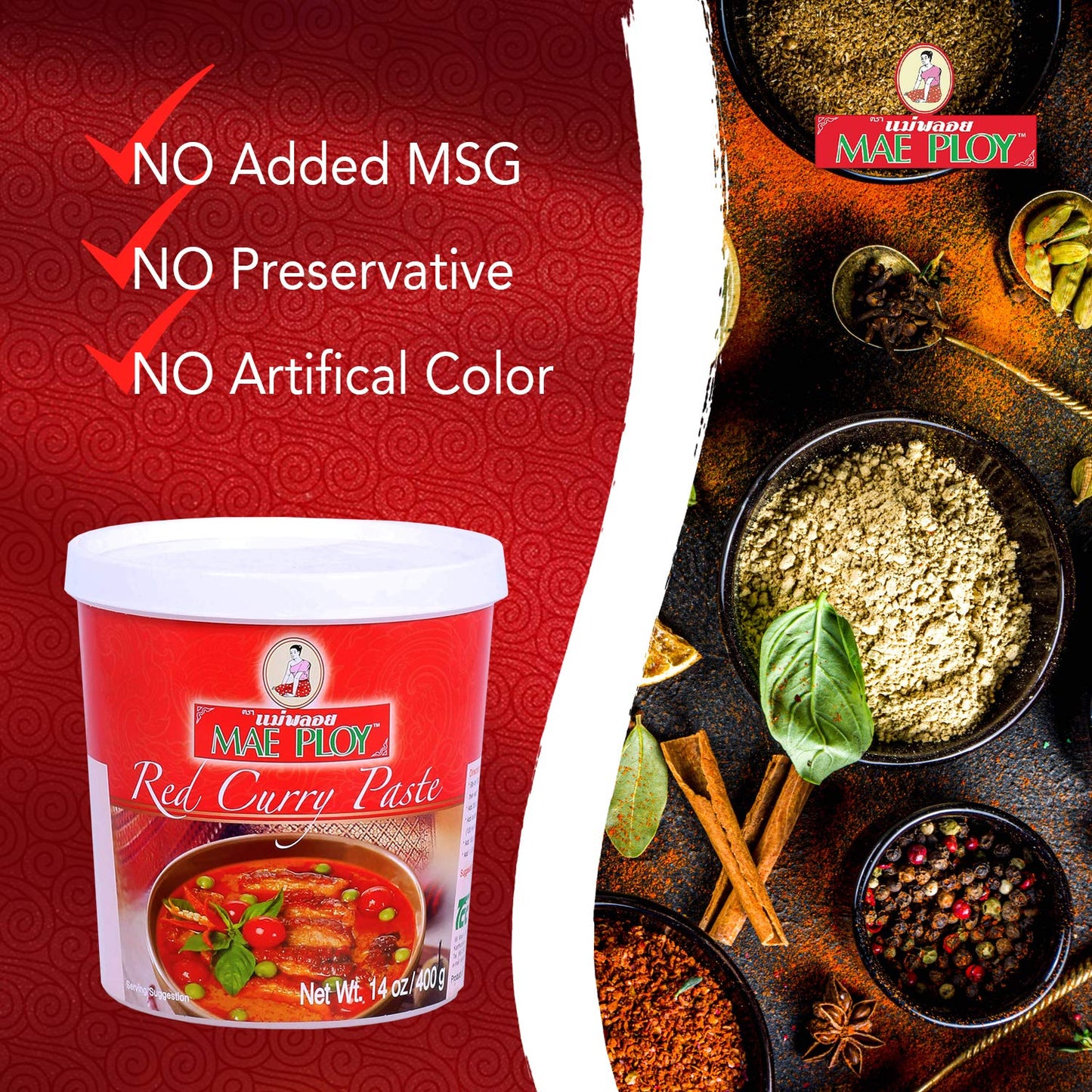 Mae Ploy Red Curry Paste, Authentic Thai Red Curry Paste For Thai Curries And Other Dishes, Aromatic Blend Of Herbs, Spices And Shrimp Paste, No Msg, Preservatives Or Artificial Coloring (14Oz Tub)