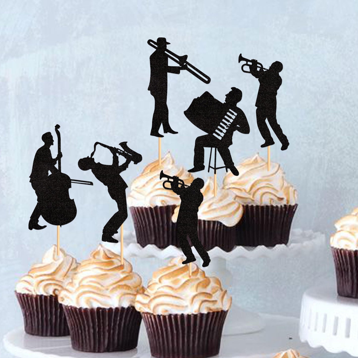 Ercadio 25 Pack Jazz Band Cupcake Toppers Black Glitter Band Cupcake Picks Vintage Jazz Music Theme Cupcake Picks Music Concert
