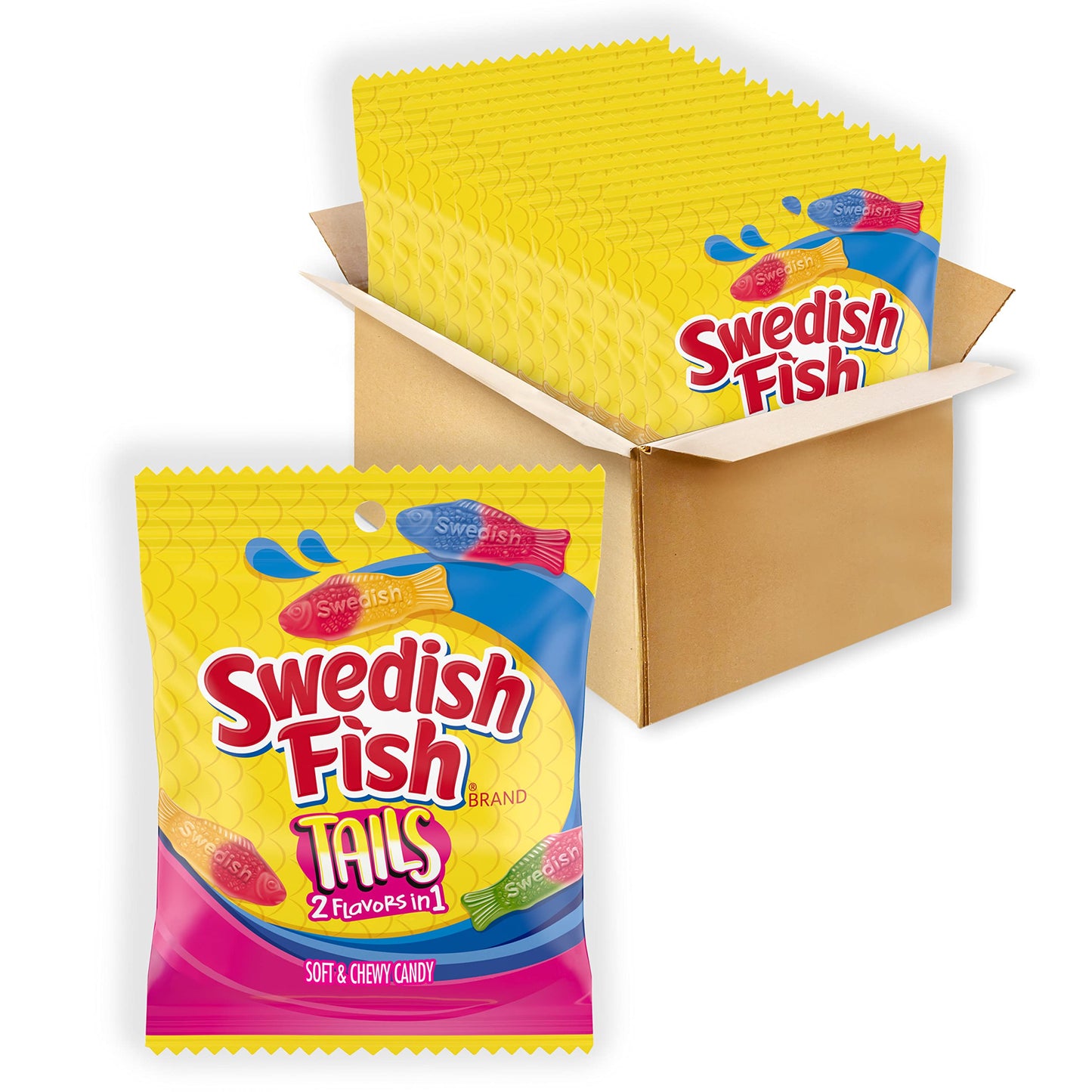 Swedish Fish Tails 2 Flavors In 1 Soft & Chewy Candy, Bulk Candy, 12 - 3.6 Oz Bags