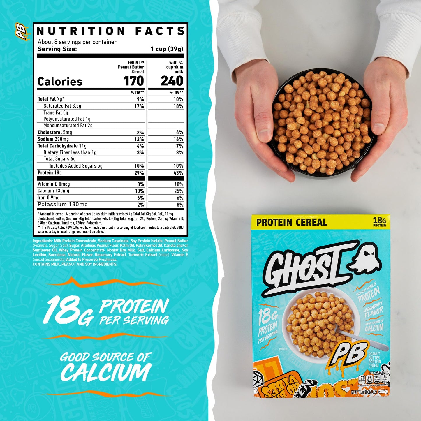 Ghost Protein Cereal, Peanut Butter Flavor (3-Pack) - Crunchy Peanut Butter Cereal Puffs - 18G Protein, Good Source Of Calcium -