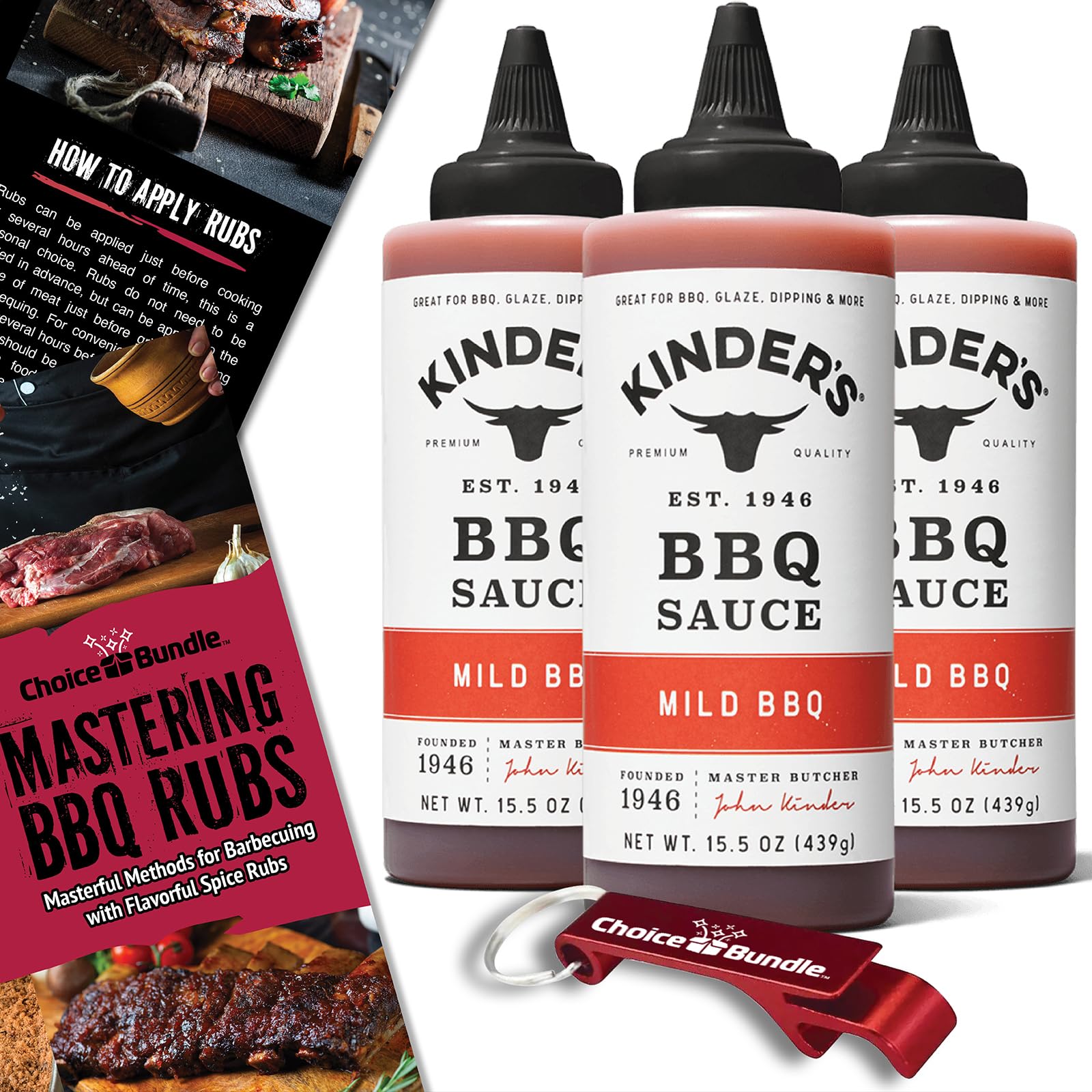 Kinders Mild BBQ Premium Barbecue Sauce 3 Pk (46.5 oz) Great to Dip Toss Glaze & More + Barbecue Masters & Bottle Opener (5 Item