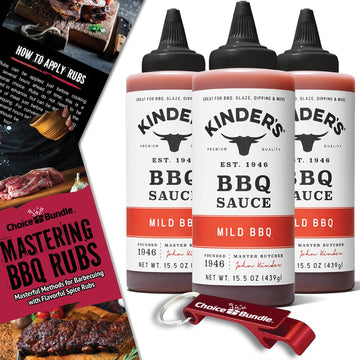 Kinders Mild BBQ Premium Barbecue Sauce 3 Pk (46.5 oz) Great to Dip Toss Glaze & More + Barbecue Masters & Bottle Opener (5 Item