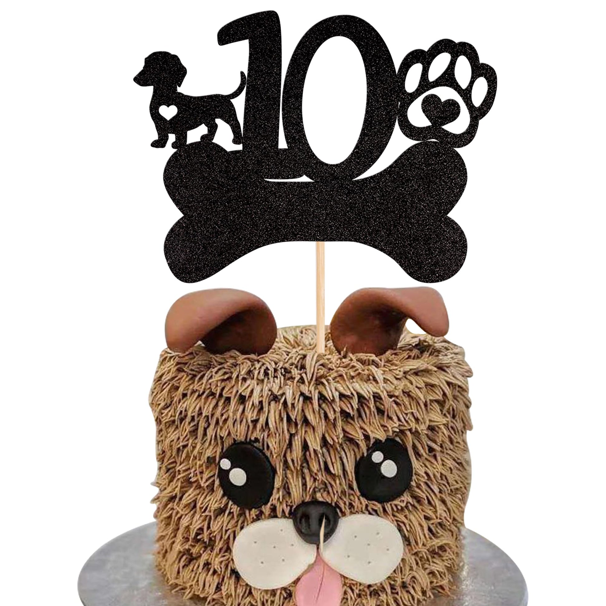 1 PCS 10th Birthday Cake Topper Black Glitter Dog Paw Ten Years Old Birthday Puppy Dog Bone Cake Pick for Let's Pawty Baby Showe